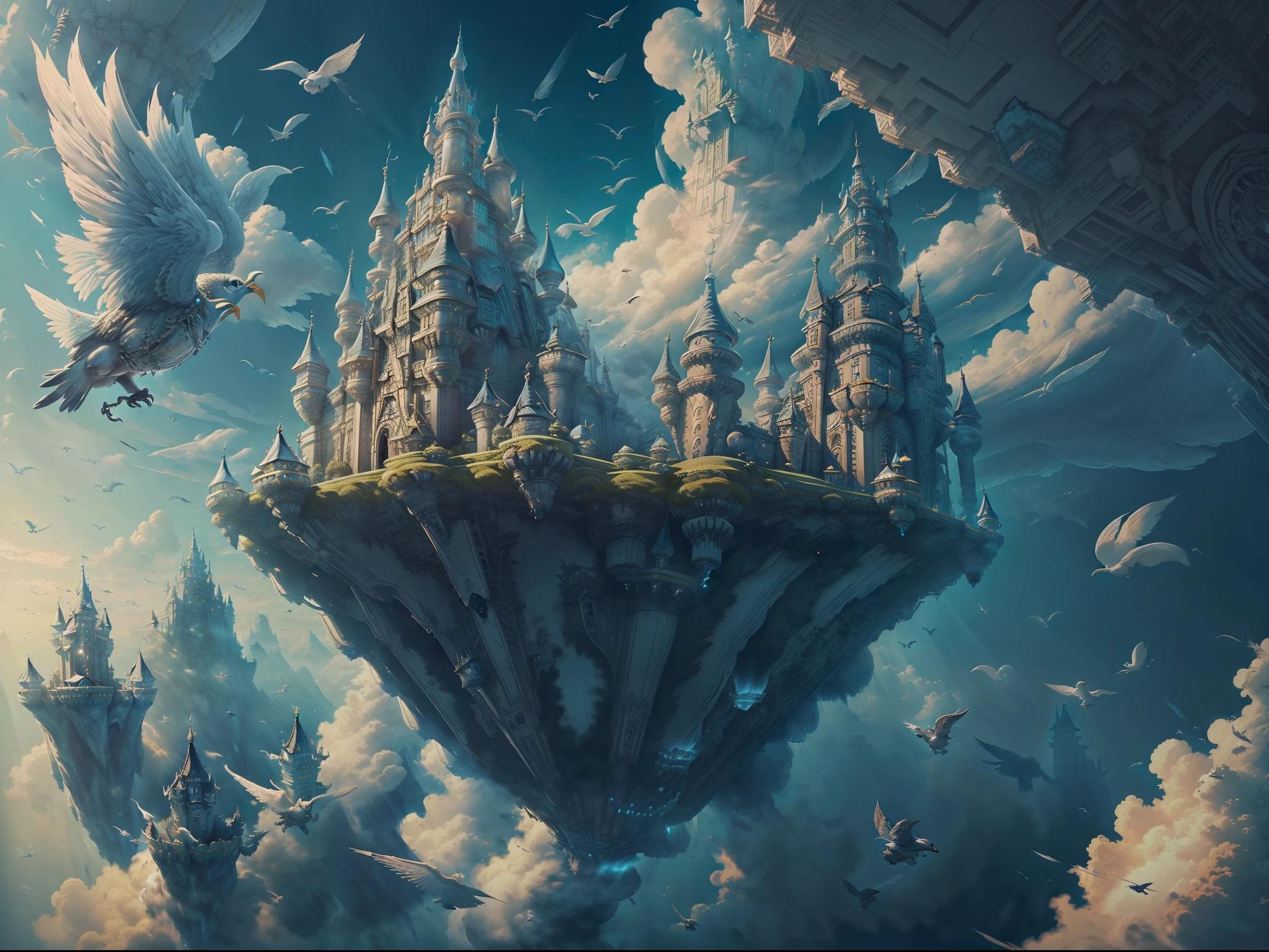 ​masterpiece、Top image quality、top-quality、8K,4K、Intricate details、ultra-detailliert、(A floating castle in the sky with big flapping wings:1.3)、Skysky、on clouds、floating,(Super-giant birds support:1.2)