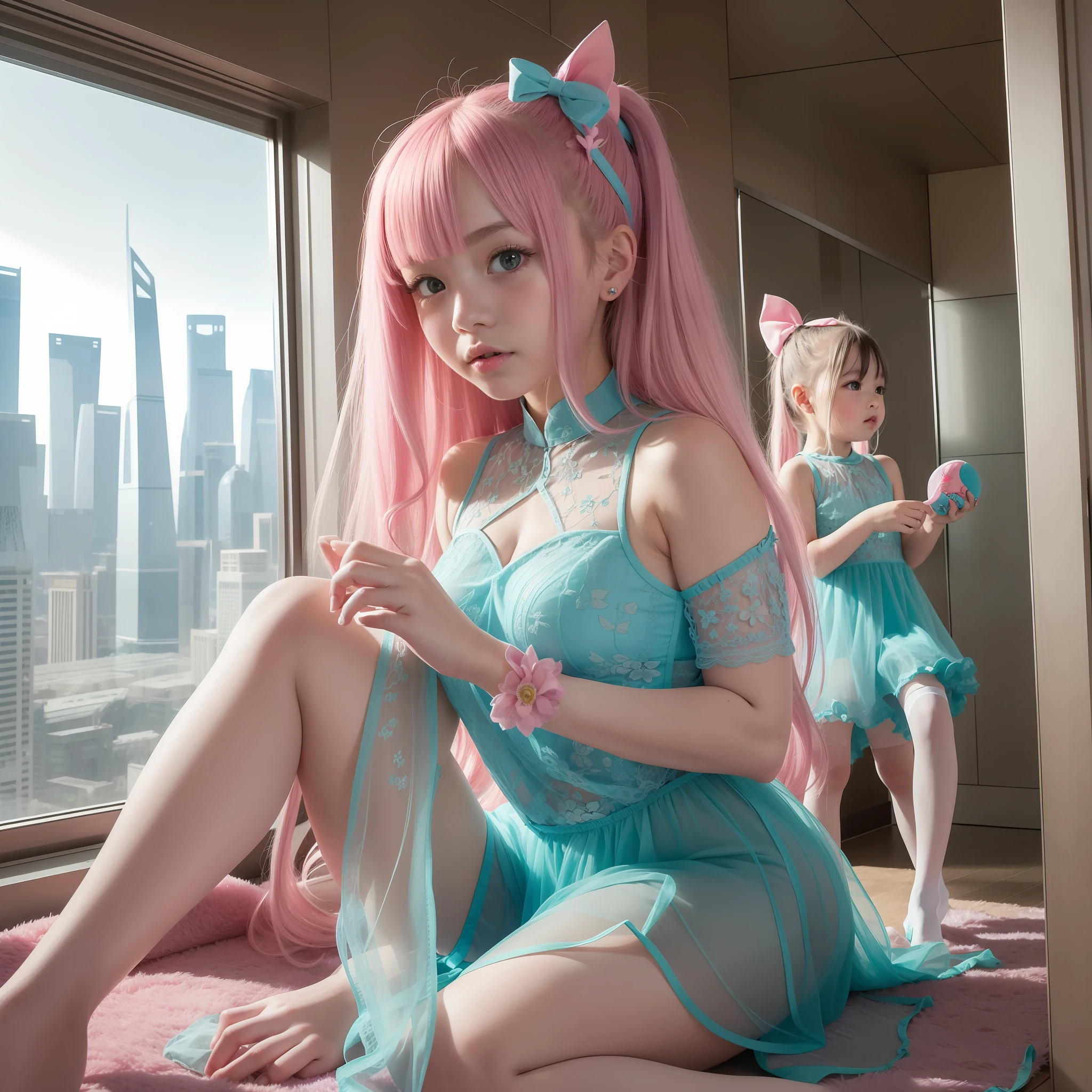 Floor-to-ceiling windows in the living room on the 180th floor of the Shanghai Tower door,Two s in openwork translucent stockings holding toys,Pout,Pink double-tailed hair and cyan eyes,Anime little girl costume