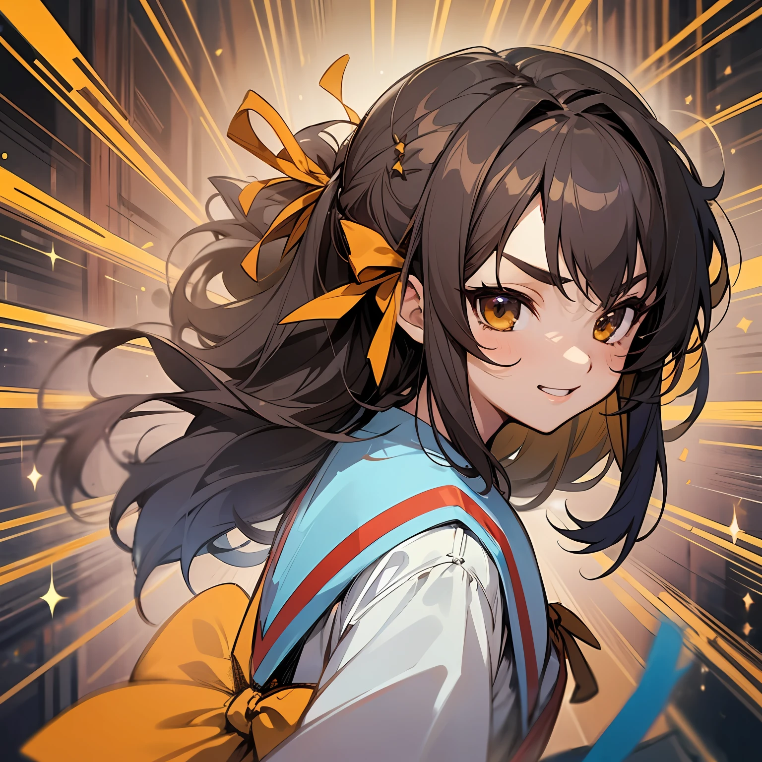 Suzumiya Haruhi, the charismatic protagonist of "The Melancholy of Haruhi Suzumiya," is a captivating and vivacious character whose appearance perfectly matches her vibrant personality. With her striking looks and captivating presence, she stands out in any crowd.
Haruhi's most distinctive feature is her long and silky brown hair that flows gracefully down her back. Her hairstyle is often tied into two cute ponytails, which add to her youthful and energetic aura. Her bangs frame her face, highlighting her expressive and mischievous brown eyes.
Her eyes are windows to her adventurous spirit and boundless curiosity. They sparkle with determination, hinting at the ambitious and sometimes eccentric ideas that constantly swirl in her head. With a twinkle of mischief, she can draw anyone into her whirlwind of excitement.
Haruhi's face is framed by a pair of perfectly arched eyebrows, which add a touch of intensity to her expressions. Her rosy cheeks exude youthful energy and radiate warmth, making her smile all the more captivating. Her lips are often curved into a playful grin, revealing her dynamic and spirited nature.
Her petite yet athletic build complements her active and outgoing personality. She stands with confidence, her body language reflecting her self-assurance and determination to make her dreams come true.
Haruhi's wardrobe is as eclectic as her personality. She often dresses in her signature high school uniform, but she has been known to experiment with various outfits, ranging from casual and comfortable to bold and eye-catching.
Whether she's donning a school uniform or a quirky outfit, Haruhi's clothing always exudes her unique sense of style. She is unafraid to stand out, embracing her individuality and captivating those around her.
With her radiant smile and energetic aura, Haruhi Suzumiya is a magnetic force that draws others into her exciting and unpredictable world.