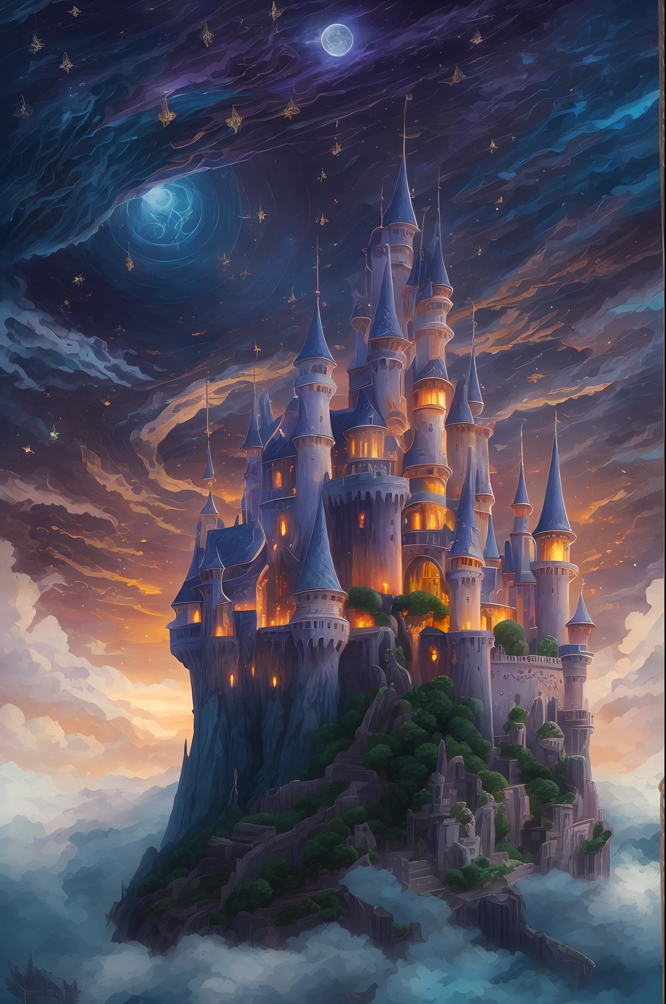 a full panoramic picture of a magical castle [[hovering]] (intense details, Masterpiece, best quality: 1.6) in the sky (intense details, Masterpiece, best quality: 1.5), [[in the sky]] hanging among the clouds (intense details, Masterpiece, best quality: 1.5) at night, flying castle in the sky (intense details, Masterpiece, best quality: 1.5), moon light, stars. many colors light from castle windows, dragons  (intense details, Masterpiece, best quality: 1.5) flying around castle, atmosphere of enchantment and, masterwork architecture (intense details, Masterpiece, best quality: 1.6), atmosphere of magic (intense details, Masterpiece, best quality: 1.5), 8k, ultra detailed, masterpiece, best quality, (extremely detailed)