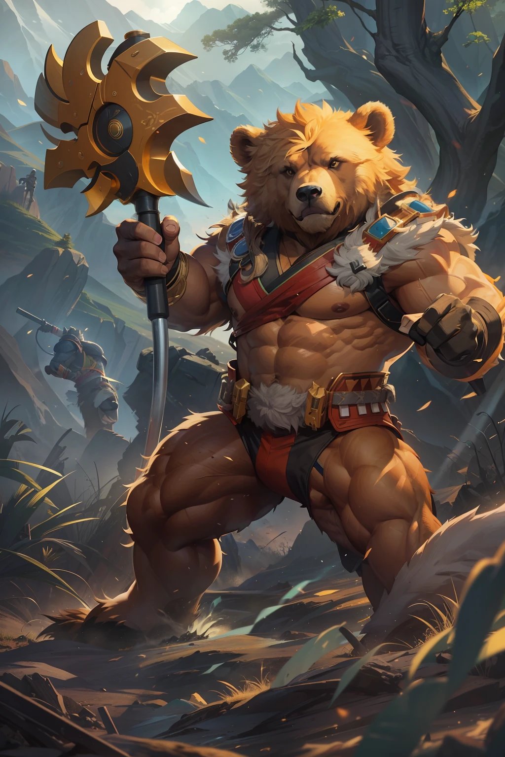Picture a muscular and large character named Kintaro, standing tall in a desolate landscape set in the year 2500. He is wielding an energy axe, a tool for felling trees, glowing with a vibrant hue. He's dressed in a battle-ready protective suit, with a bear fur hat adorning his head. Around his neck, a pendant shaped like a bear acts as a power amplifier. His expression is lively, full of energy. The dominant colors in the frame are gold and the brown of a bear. The image should be hyper-realistic, highly detailed, and high-resolution 16k. The lighting should be dramatic, highlighting the rugged features of Kintaro and the desolate landscape. Use a wide-angle lens to capture the vastness of the environment and a shallow depth of field to focus on Kintaro. --ar 16:9 --v 5.1 --style raw --q 2 --s 750