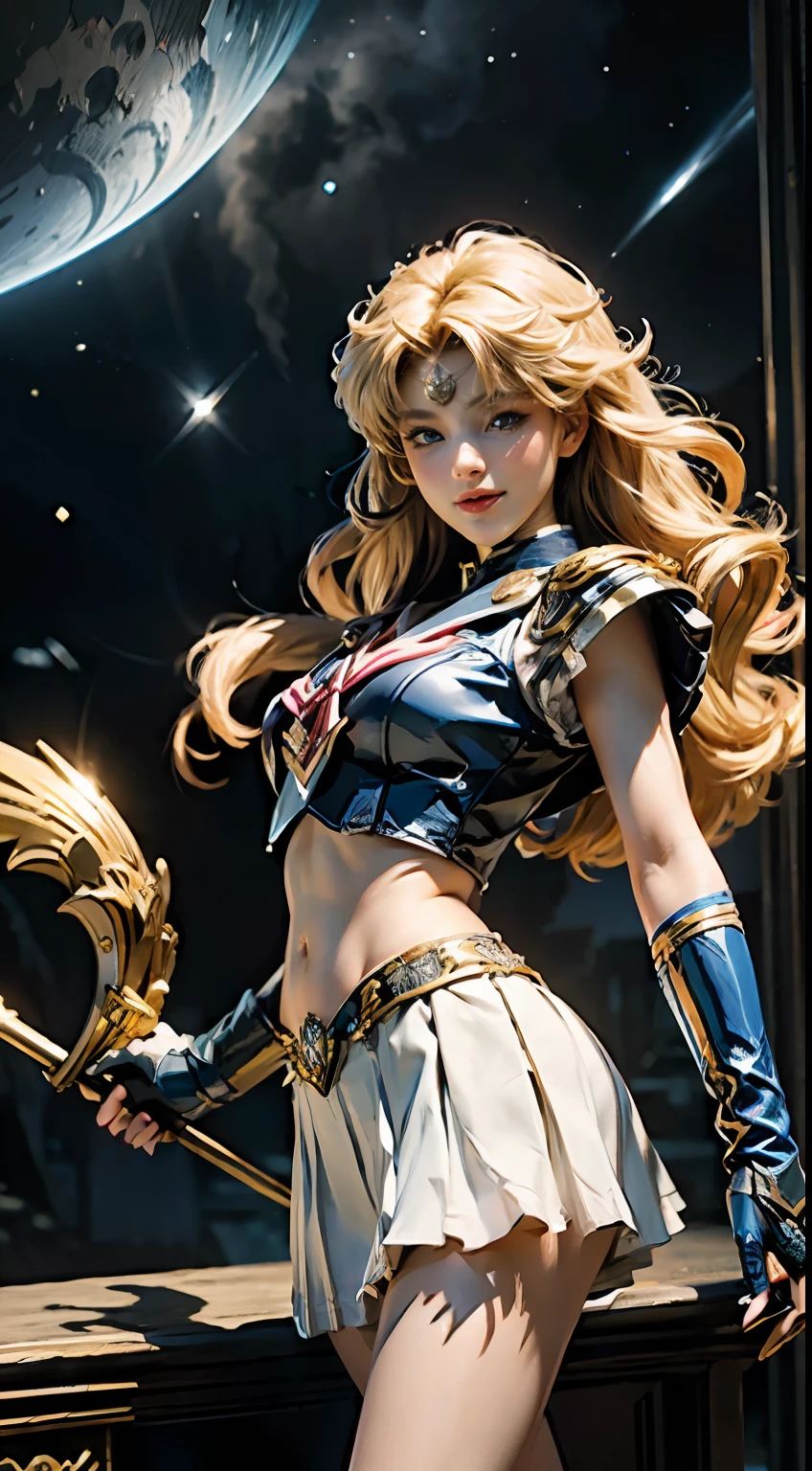 (Extreme detail CG Unity 8K wallpaper, masterpiece, highest quality), (exquisite lighting and shadow, highly dramatic picture, cinematic lens effect), (Sailor Moon: 1.1), charming smile, double tail, blue eyes, blond hair, tight top, white gloves, mini skirt, dynamic pose), the background is the universe (excellent detail, excellent lighting, wide angle), (excellent rendering, enough to stand out in its class),