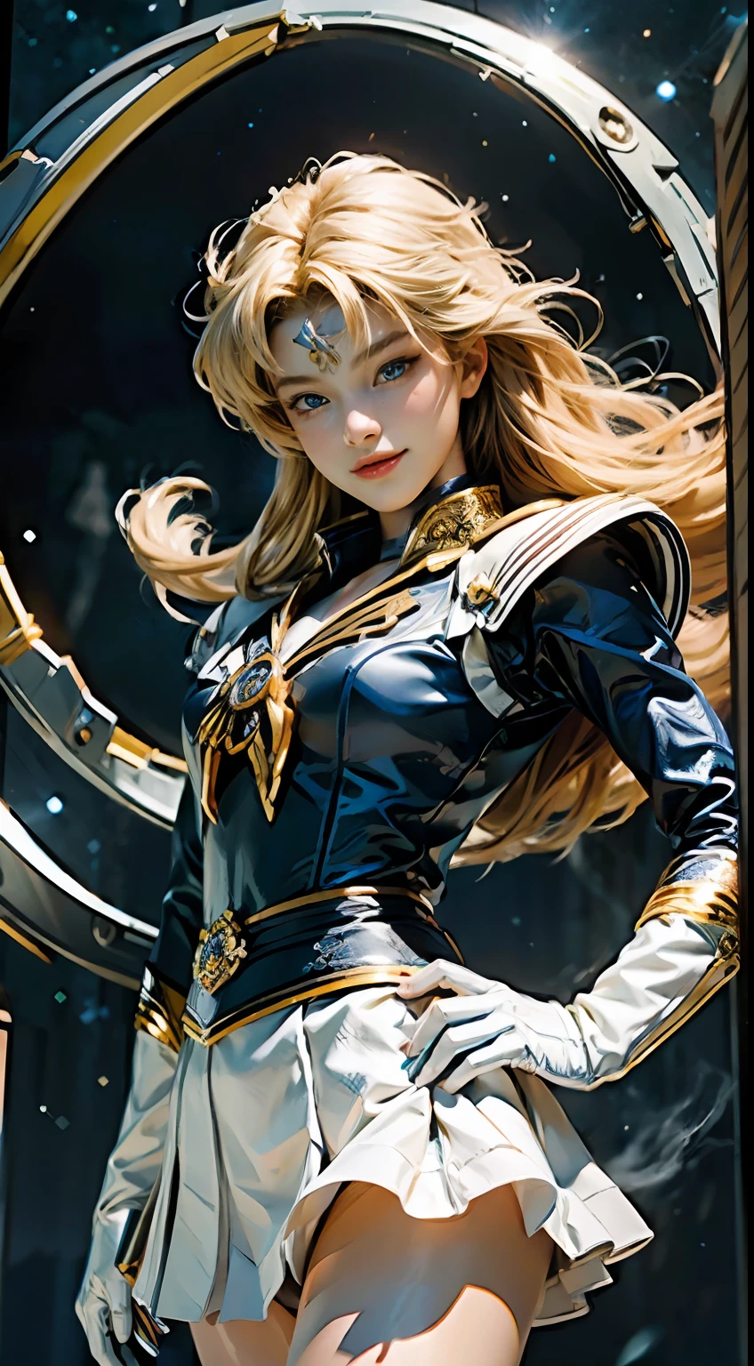 (Extreme detail CG Unity 8K wallpaper, masterpiece, highest quality), (exquisite lighting and shadow, highly dramatic picture, cinematic lens effect), (Sailor Moon: 1.1), charming smile, double tail, blue eyes, blond hair, tight top, white gloves, mini skirt, dynamic pose), the background is the universe (excellent detail, excellent lighting, wide angle), (excellent rendering, enough to stand out in its class),