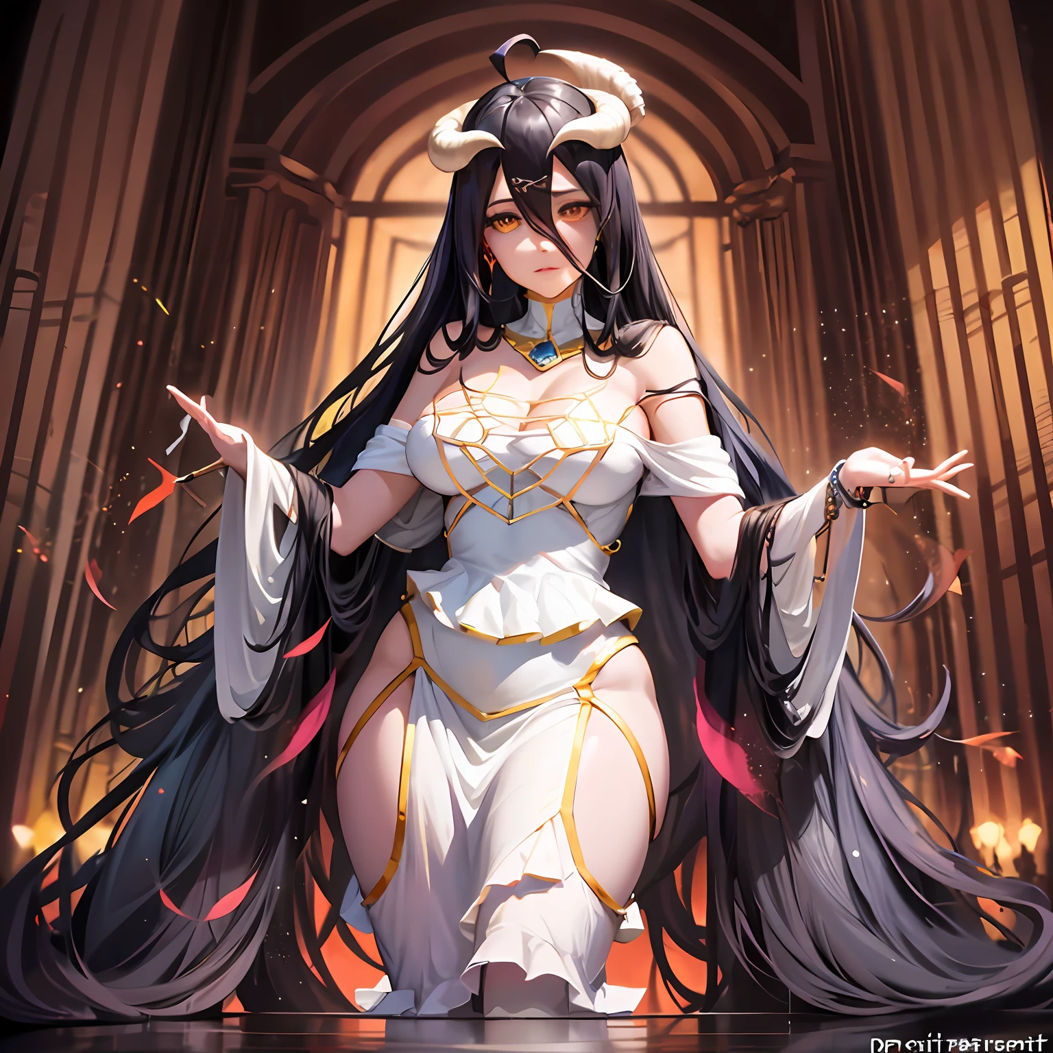 Albedo, one of the prominent characters in the anime and light novel series "Overlord," is a stunning and alluring presence in the Great Tomb of Nazarick. As the Overseer of the Floor Guardians, she serves as the loyal and devoted Guardian of the Throne, deeply devoted to her creator, Ainz Ooal Gown, the Supreme One. Her appearance is an embodiment of perfection, a captivating blend of beauty and elegance. Standing tall with an imposing aura, Albedo commands attention with her regal and dignified demeanor. Her physical attributes are flawlessly designed, making her a captivating figure in the world of Yggdrasil. With raven-black hair cascading down her back like a silken waterfall, Albedo exudes an air of enigmatic allure. Her hair is meticulously styled, adorned with a delicate silver crown that rests upon her forehead, symbolizing her elevated position as the Overseer. Albedo's entrancing crimson eyes hold a mesmerizing gaze that seems to pierce into the very depths of one's soul. They are filled with unwavering loyalty and devotion to Ainz Ooal Gown, reflecting her dedication as one of the Supreme Beings' most trusted followers. Her face is a symphony of perfection, with sharp and elegant features that exude both grace and authority. A slender, pointed pair of demon-like horns adorns her forehead, showcasing her non-human origins as a succubus, a creature of seduction and charm. Adorned in an exquisite white dress with intricate golden embroidery, Albedo's attire is a testament to her status as the Guardian of the Throne. The dress hugs her figure, accentuating her alluring curves and adding to her enigmatic allure. A flowing white cape trails behind her, adding an aura of mystique to her presence. Around her neck, Albedo wears a choker with a red jewel, symbolizing her absolute loyalty and love for Ainz Ooal Gown. Her long, slender fingers are adorned with delicate golden rings, signifying her elegance and meticulous attention to detail. (portrait:3.0)