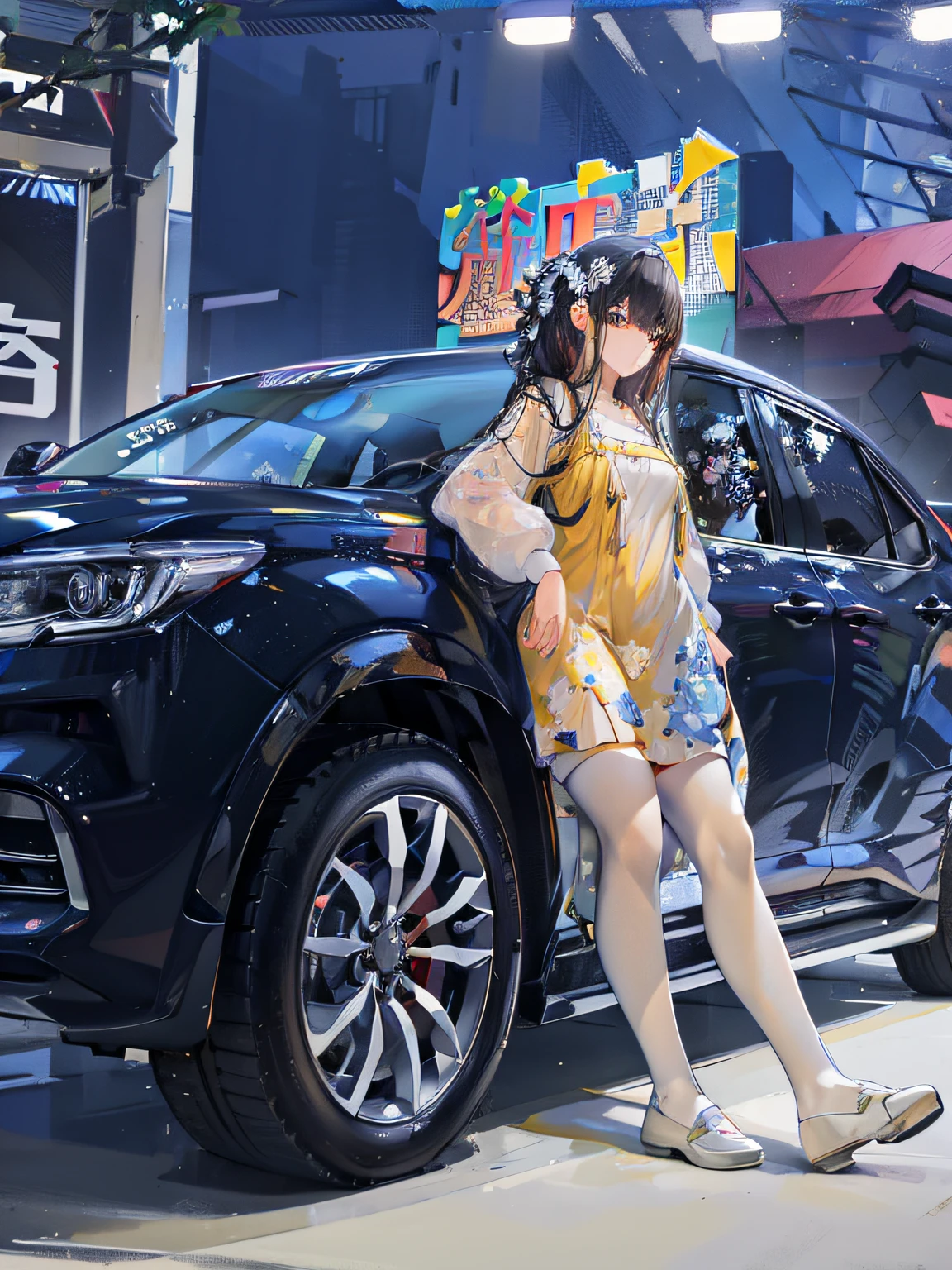 A woman in a yellow floral tight-fitting dress stands next to a car,The white matter of the skin is shiny,The legs are slender,The figure is very three-dimensional,Leaning on a black buggy,Lovely face,