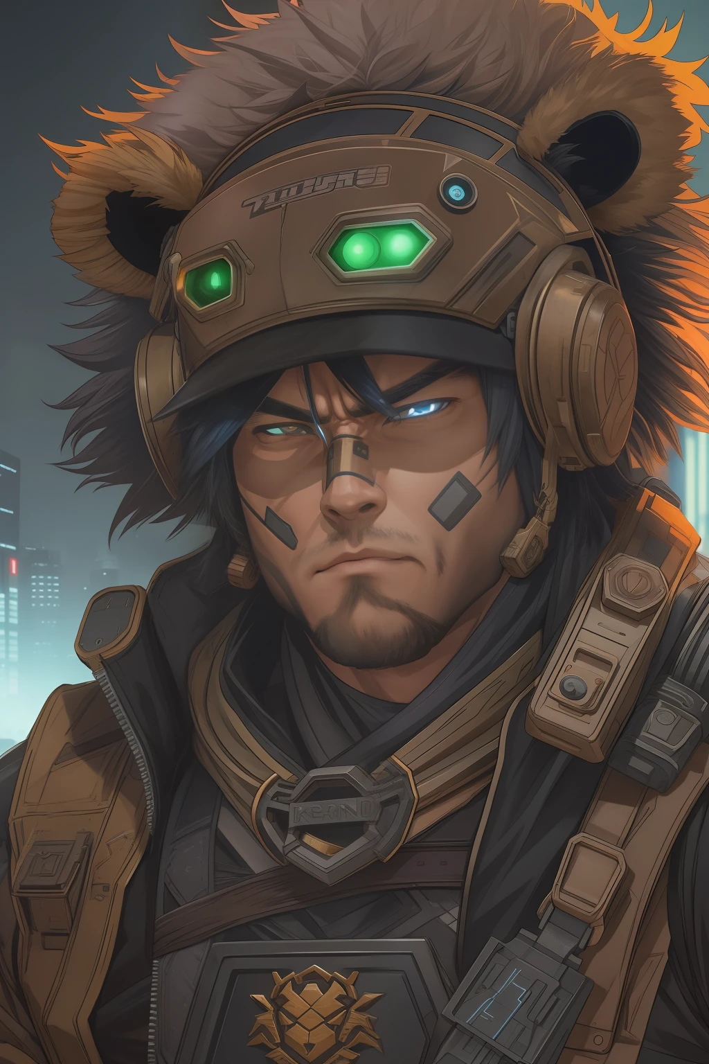 Picture a dystopian future in the year 2500, with a cyberpunk aesthetic. In the center of the frame is Kintaro, a burly Japanese man with a vibrant expression. He's equipped with an energy axe and is wearing a combat suit. His head is covered with a bear fur hat, and a bear-shaped pendant around his neck serves as a power booster. The color scheme is a mix of gold and bear brown. The image should be rendered in a hyper-realistic style, with a high level of detail and a resolution of 16k. The lighting should be low and moody, with neon lights casting long shadows and creating a sense of drama. Use a telephoto lens to emphasize Kintaro against the backdrop of the desolate landscape. --ar 16:9 --v 5.1 --style raw --q 2 --s 750