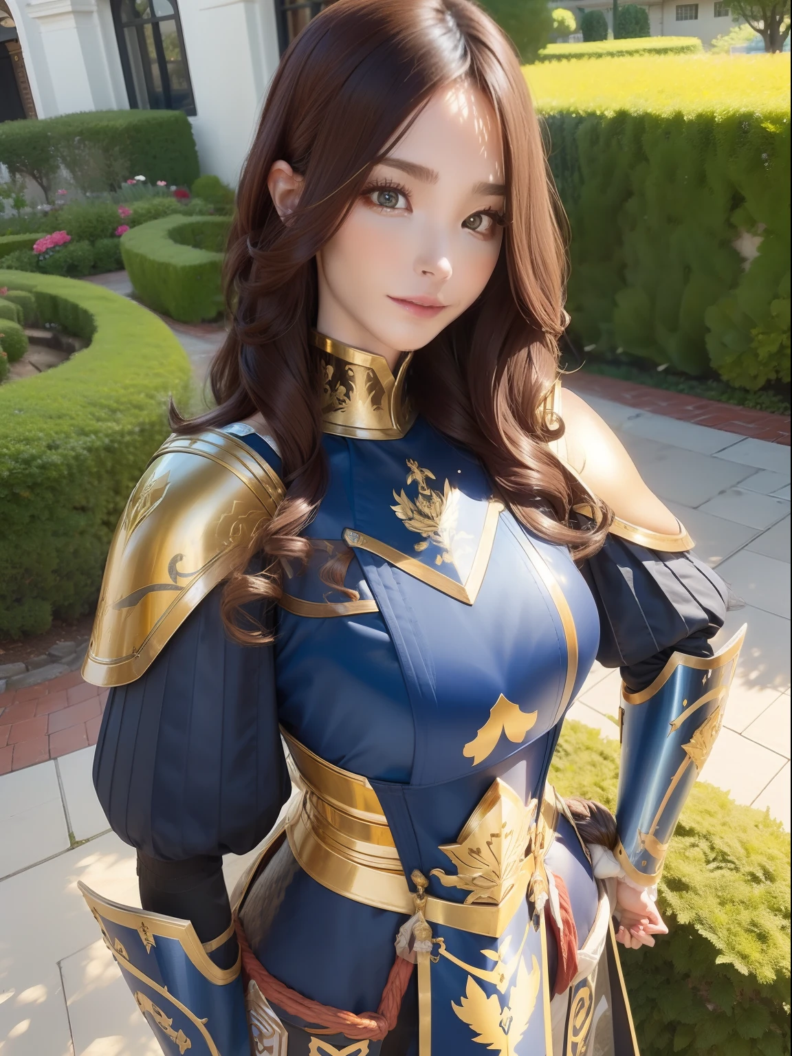 brunette color hair，long whitr hair，Big waves，Navy blue armor with gold trim，The upper part of the body，trpical garden，Need，tmasterpiece