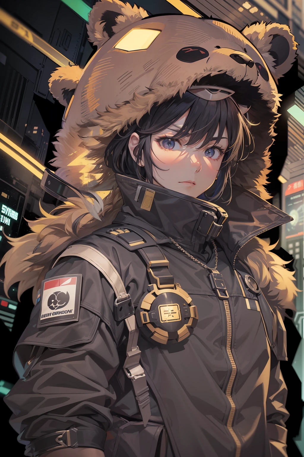 Picture a dystopian future in the year 2500, with a cyberpunk aesthetic. In the center of the frame is Kintaro, a burly Japanese man with a vibrant expression. He's equipped with an energy axe and is wearing a combat suit. His head is covered with a bear fur hat, and a bear-shaped pendant around his neck serves as a power booster. The color scheme is a mix of gold and bear brown. The image should be rendered in a hyper-realistic style, with a high level of detail and a resolution of 16k. The lighting should be low and moody, with neon lights casting long shadows and creating a sense of drama. Use a telephoto lens to emphasize Kintaro against the backdrop of the desolate landscape. --ar 16:9 --v 5.1 --style raw --q 2 --s 750