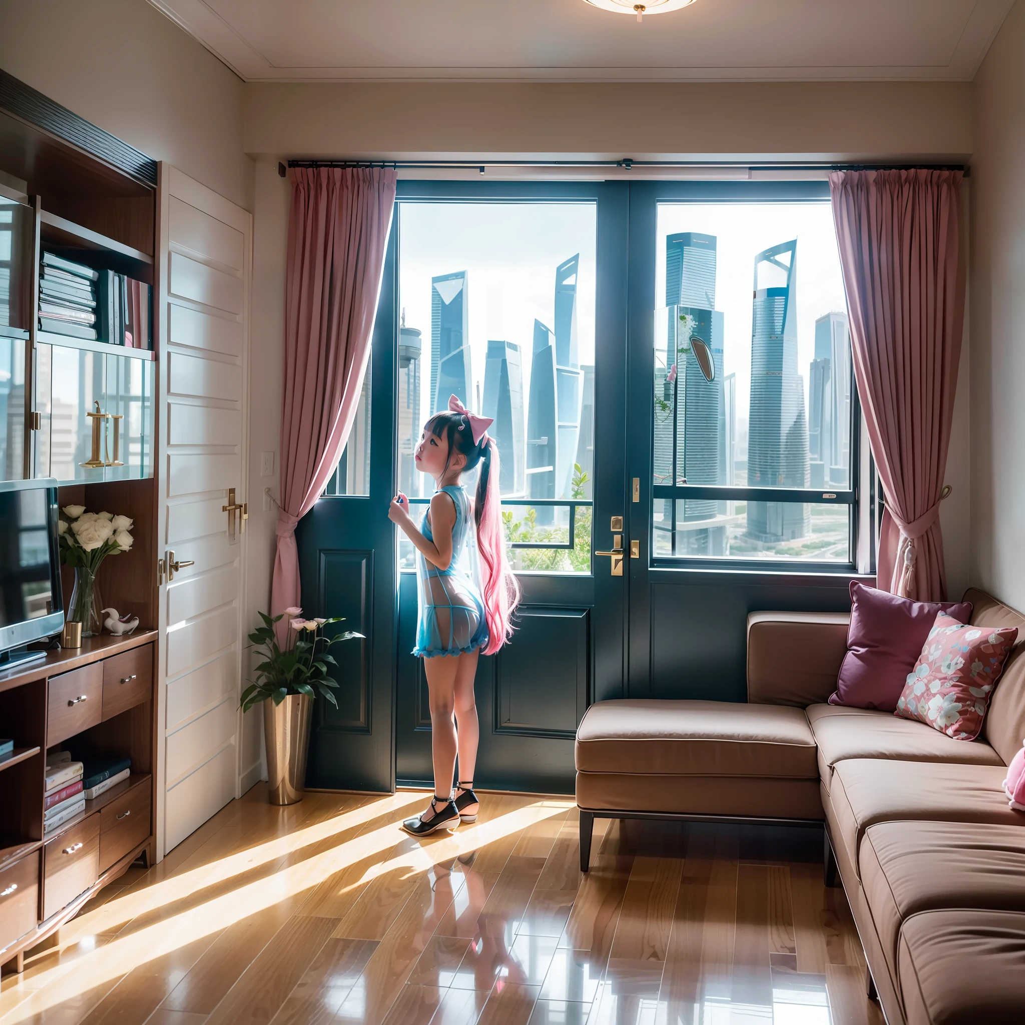 Floor-to-ceiling windows in the living room on the 180th floor of the Shanghai Tower door,Two little girls in openwork translucent stockings holding toys,Pout,Pink double-tailed hair and cyan eyes,Anime little girl in servant costume