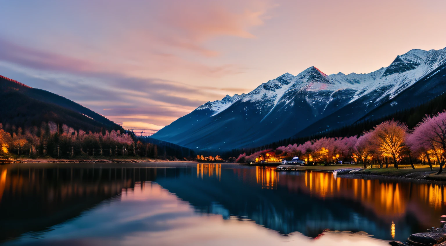 Sunset on the mountain,Lake under Montan,blossoms,SakuraNS,