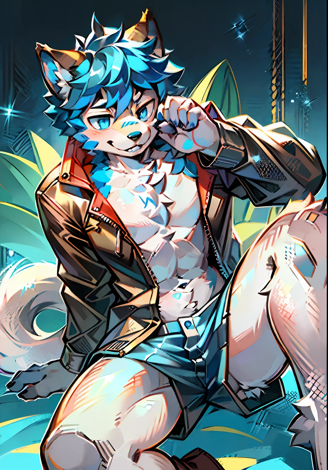 eyes with brightness, in a panoramic view, Character Focus Solo, shaggy, Furry male wolf, Blue-white fur for men, blue color eyes, blue hairs(The long），No clothes and no pants，Bare body，Young style，height of one meter seven，handsome， There is a tail，