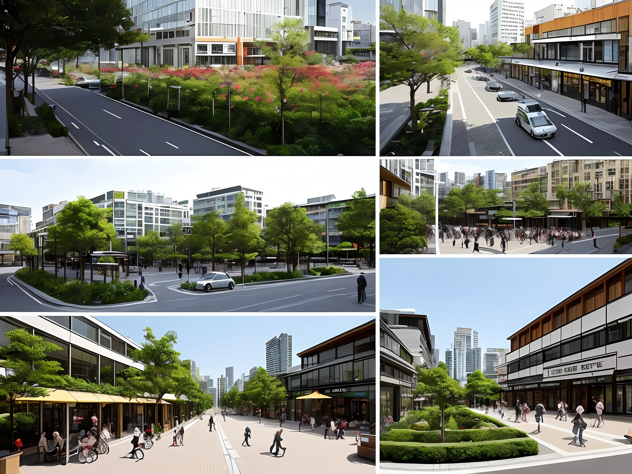 Images of urban redesign:

	1.	centered in picture:
	• Green parks and squares。Children playing、Citizens relaxing。
	2.	on the left:
	• The former driveway has been transformed into a pedestrian or bicycle path。
	• Traditional car parks transformed into public gardens and meeting spaces。
	3.	right side:
	•	「15 minutes city」Facilities and shops that illustrate the concept of、schools、The image of the café evenly arranged。