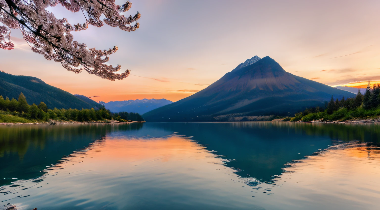 Sunset on the mountain，Lake under Montan，blossoms，SakuraNS，