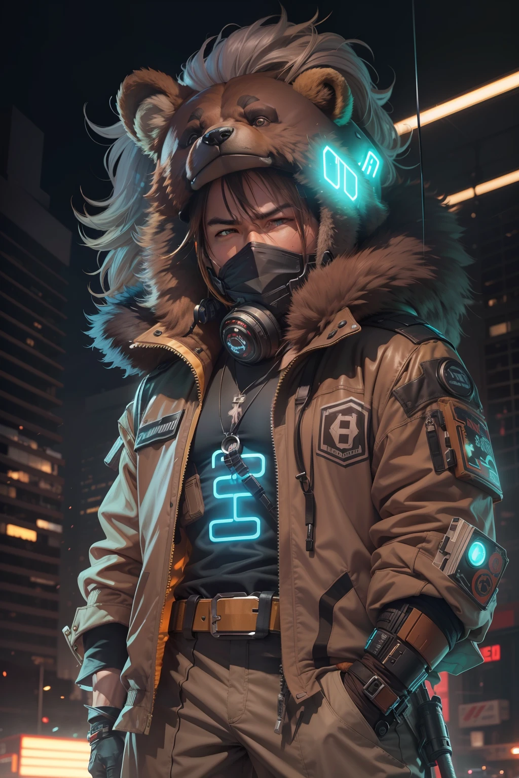 Picture a dystopian future in the year 2500, with a cyberpunk aesthetic. In the center of the frame is Kintaro, a burly Japanese man with a vibrant expression. He's equipped with an energy axe and is wearing a combat suit. His head is covered with a bear fur hat, and a bear-shaped pendant around his neck serves as a power booster. The color scheme is a mix of gold and bear brown. The image should be rendered in a hyper-realistic style, with a high level of detail and a resolution of 16k. The lighting should be low and moody, with neon lights casting long shadows and creating a sense of drama. Use a telephoto lens to emphasize Kintaro against the backdrop of the desolate landscape. --ar 16:9 --v 5.1 --style raw --q 2 --s 750