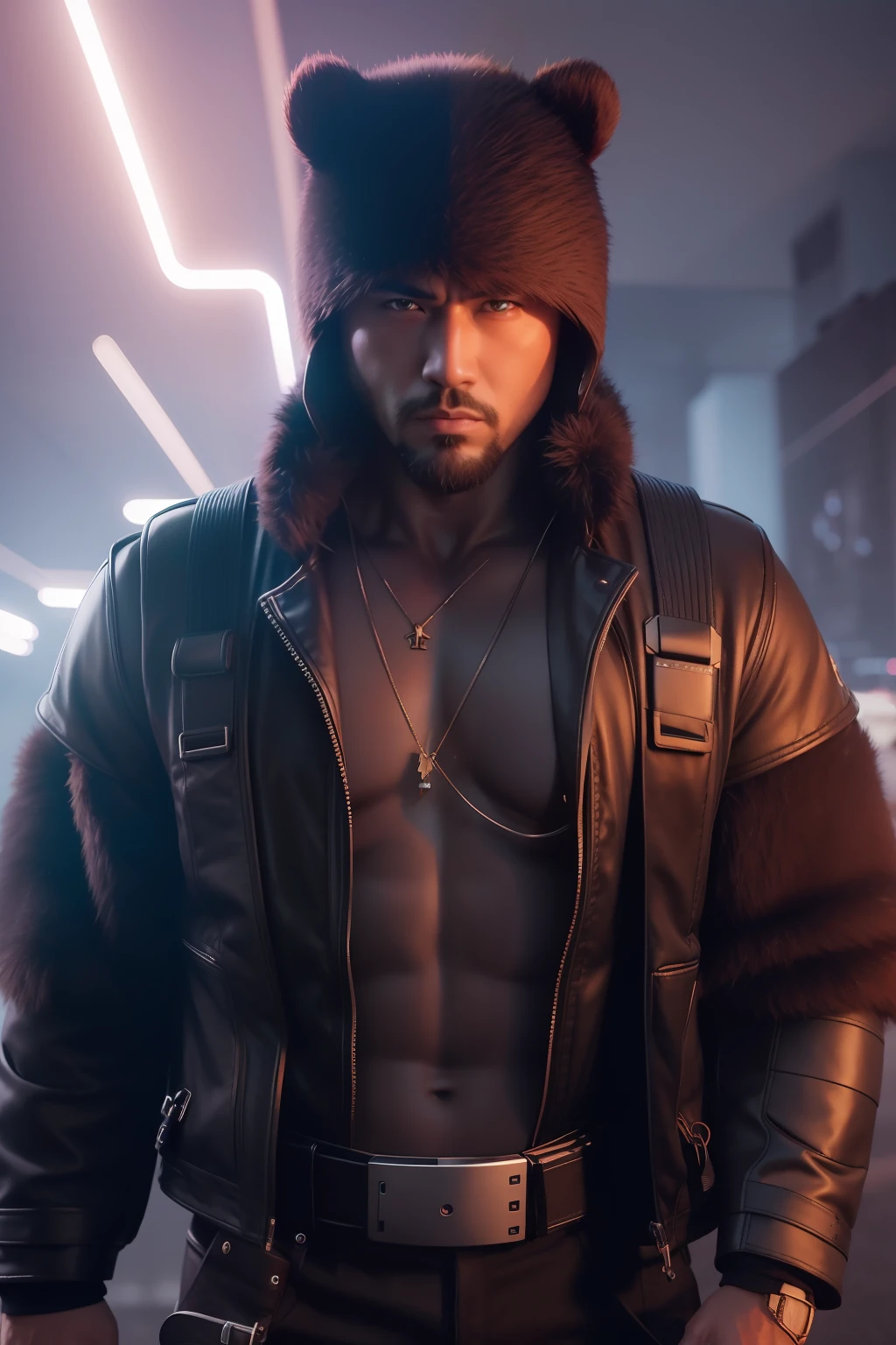 Picture a dystopian future in the year 2500, with a cyberpunk aesthetic. In the center of the frame is Kintaro, a burly Japanese man with a vibrant expression. He's equipped with an energy axe and is wearing a combat suit. His head is covered with a bear fur hat, and a bear-shaped pendant around his neck serves as a power booster. The color scheme is a mix of gold and bear brown. The image should be rendered in a hyper-realistic style, with a high level of detail and a resolution of 16k. The lighting should be low and moody, with neon lights casting long shadows and creating a sense of drama. Use a telephoto lens to emphasize Kintaro against the backdrop of the desolate landscape. --ar 16:9 --v 5.1 --style raw --q 2 --s 750