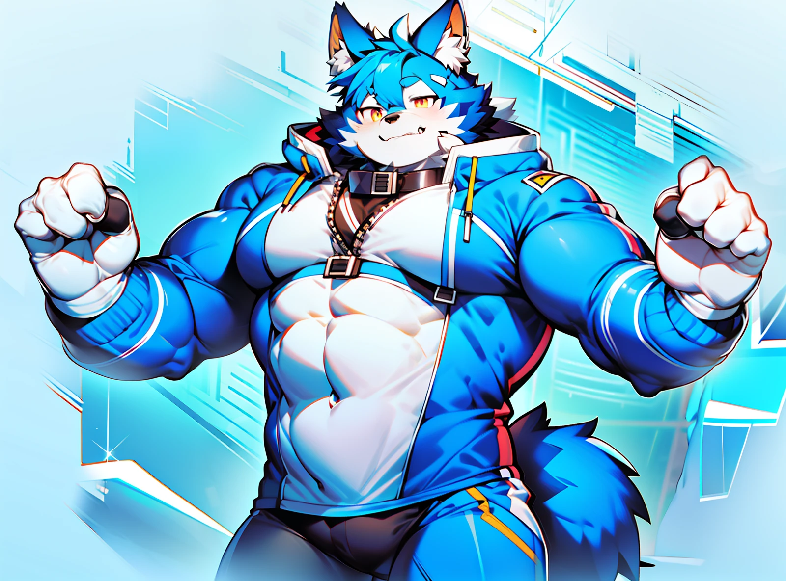coyote,Furry,Blue hair,musculature,Muscle men,nakeness,Strong,ultraclear,Has a large ,Collar,Black shorts,red pupils,Abs,Yellow coat,The erection,Collar,Has a large ,der riese,tit,Solo,Stout arms,Storm jacket,Badge,Pronounced abs,Urban style,hold fists,Big ,frontage,Storm jacket