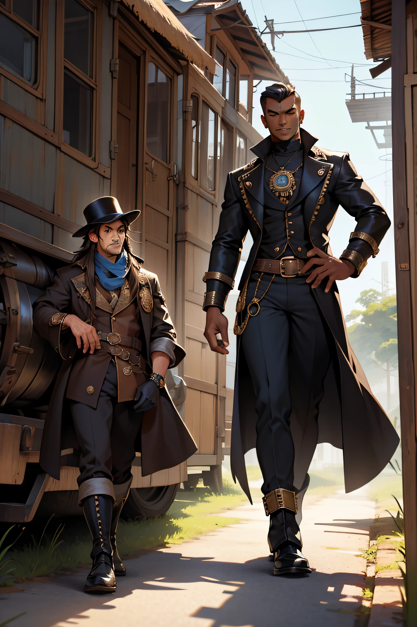 homem de pele negra, cabelos curto castanhos enrolado , roupas usadas estilo steampunk, sentado no esgoto