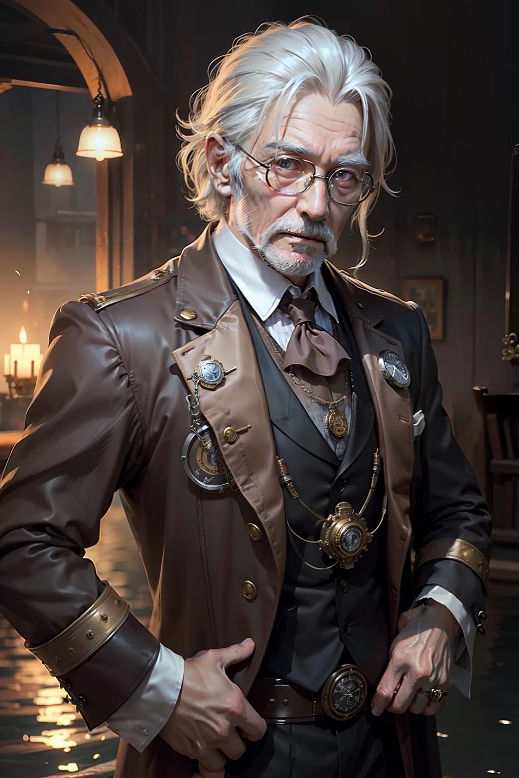 In steampunk style ,  Elderly male doctor ,  The upper part of the body ,  water ripple ,  4K分辨率 ,  higher details ,  Higher quality ,  Perfectcomposition ,  Cinematic lighting