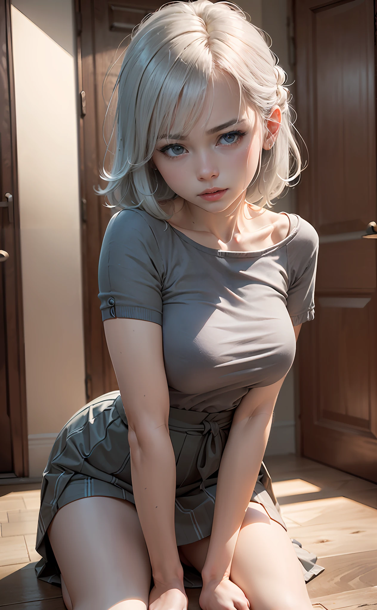 (CG Unity 8k wallpaper extremely detailed, masterpiece, best quality, high details, ultra-realistic), (better lighting, best shadow, very soft and beautiful, thin waist, large sides), low angle, angle perpendicular to the girl&#39;s ass (1 22-year-old girl with thin and cute legs, gray eyes, with pale skin, long light blue hair, made a pleasant and groaning face, lifted her skirt and lay on her knees spread with her elbows,