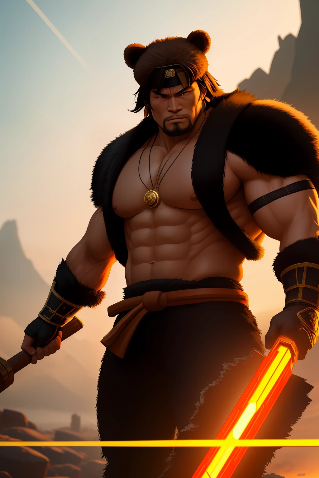 Imagine a cyberpunk scene set in the year 2500 on a desolate Earth. The central figure is Kintaro, a muscular, large Japanese man with a lively expression. He's armed with an energy axe, a tool used for chopping trees, and is dressed in a combat suit. A bear fur hat sits on his head, and a bear-shaped pendant, which serves as a power booster, hangs around his neck. The color palette is dominated by gold and the brown of a bear. The image should be hyper-realistic, highly detailed, and high-resolution 16k. The lighting should be neon and futuristic, casting an eerie glow on Kintaro and the desolate landscape. Use a wide-angle lens to capture the vastness of the environment and a shallow depth of field to focus on Kintaro. --ar 16:9 --v 5.1 --style raw --q 2 --s 750