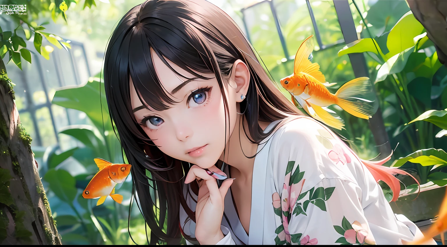(masutepiece:1.2),(Best Quality:1.1),(Ultra-detailed:1.1),(Realistic:1.2),(Colorful:1.2),(Young girls:1.3),(Japanese:1.1),(Clothing samples:1.1),(Girls playing with goldfish scoop:1.3),(Colorful contact lenses:1.2),(FULL BODYSHOT:1.2),(Summer:1.1)