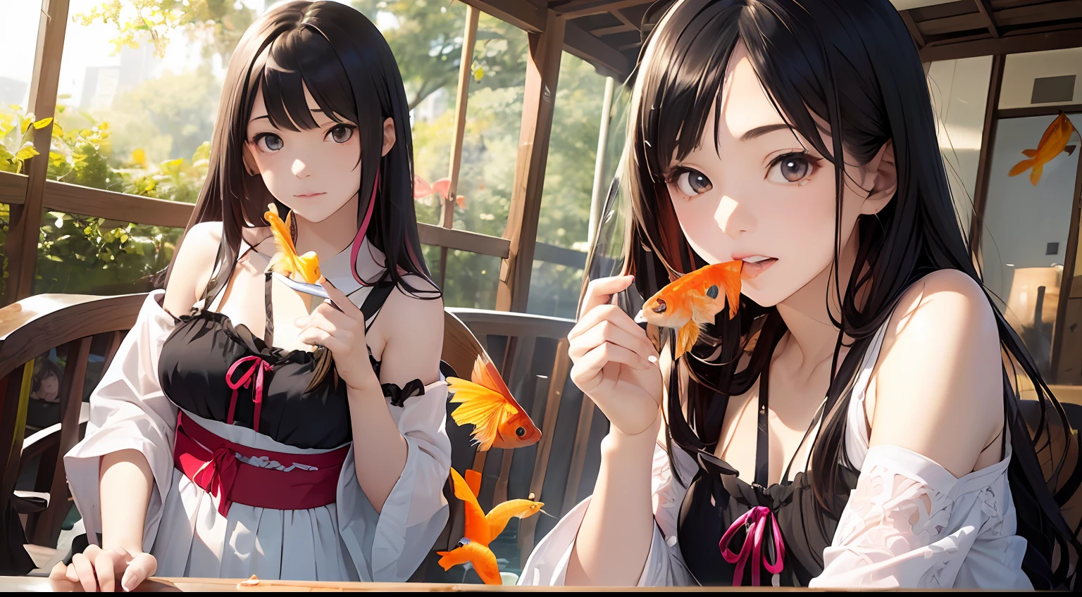 (masutepiece:1.2),(Best Quality:1.1),(Ultra-detailed:1.1),(Realistic:1.2),(Colorful:1.2),(Young girls:1.3),(Japanese:1.1),(Clothing samples:1.1),(Girls playing with goldfish scoop:1.3),(Colorful contact lenses:1.2),(FULL BODYSHOT:1.2),(Summer:1.1)