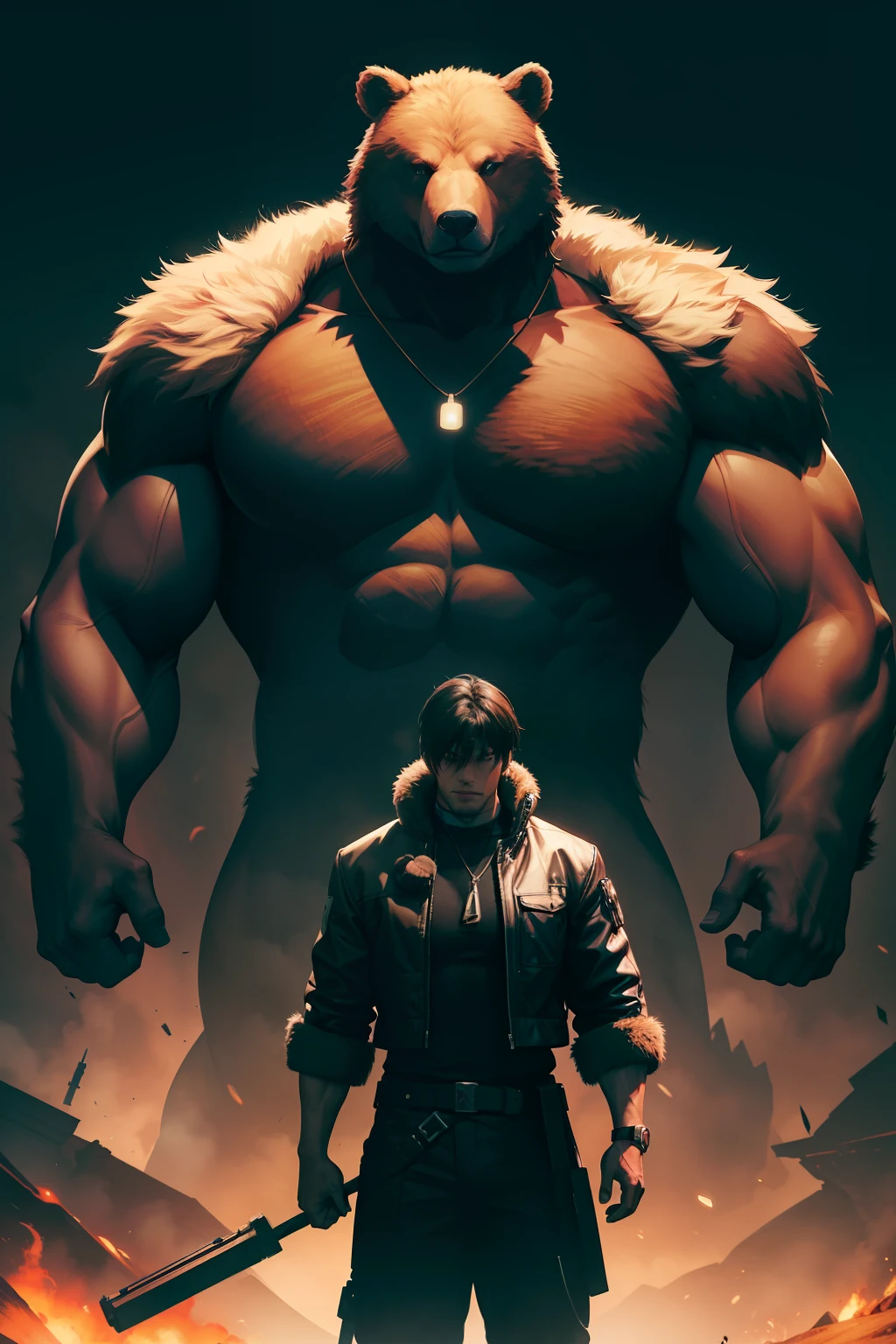 Picture a dystopian future in the year 2500, with a cyberpunk aesthetic. In the center of the frame is Kintaro, a burly Japanese man with a vibrant expression. He's equipped with a massive energy axe and is wearing a combat suit. His head is covered with a bear fur hat, and a bear-shaped pendant around his neck serves as a power booster. His companion is a massive bear, adding a unique element to the scene. The color scheme is a mix of gold and brown. The image should be rendered in a hyper-realistic style, with a high level of detail and a resolution of 16k. The lighting should be low and moody, with neon lights casting long shadows and creating a sense of drama. Use a telephoto lens to emphasize Kintaro and his bear against the backdrop of the desolate landscape. --ar 16:9 --v 5.1 --style raw --q 2 --s 750