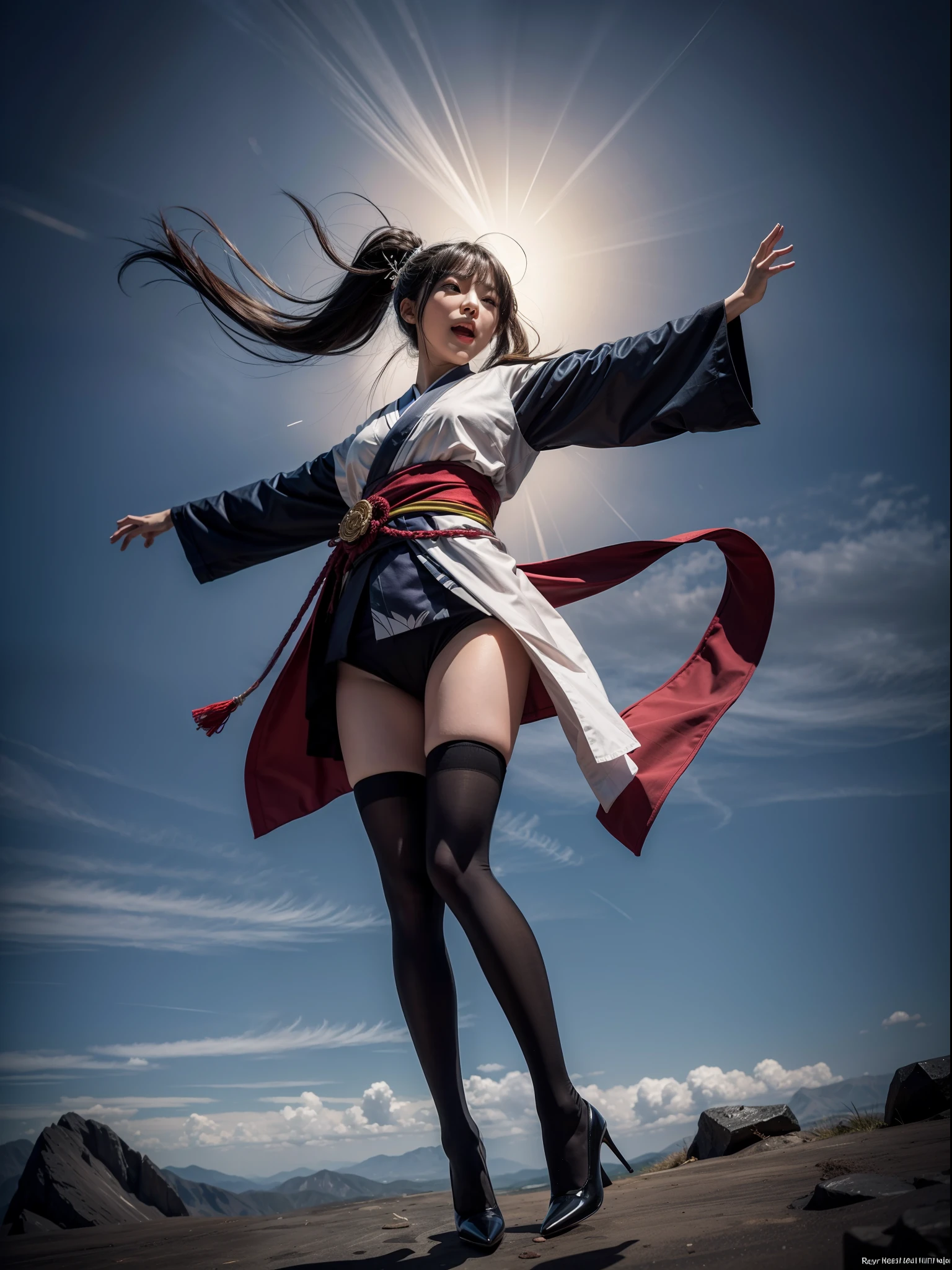 Splitting characters is prohibited，(Full body shot:1.3), Must show your face, anatomy correct, Jumping with high legs on the top of the mountain,Tights and stockings are mandatory，Polished pointed toe heels must be worn， Colorful kimono， A shallow laugh, Complex and diverse backgrounds，Strangling effect,hyper HD, Ray traching, structurally correct, Award-Awarded, high detal, lightand shade contrast, Face lighting，cinmatic lighting, tmasterpiece, super detailing, high high quality, high detal, best qualityer, 16k