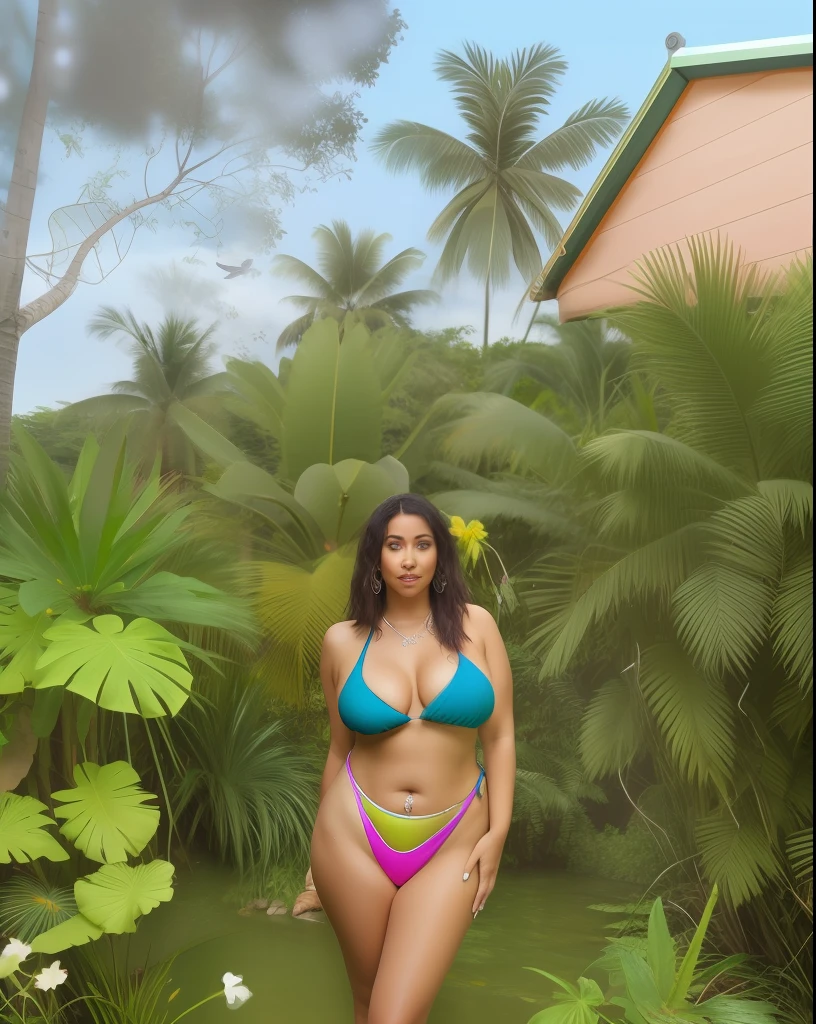 araffe woman in a bikini standing in a garden, jungles in the background, full body shot in bikini, paradise in the background, with beautiful exotic, wearing two - piece swimsuit, wearing pearl neon bikini, in a jungle, in jungle, nature goddess, next to a tropical pool, in the background is lush jungle, full figured mother earth, violet myers