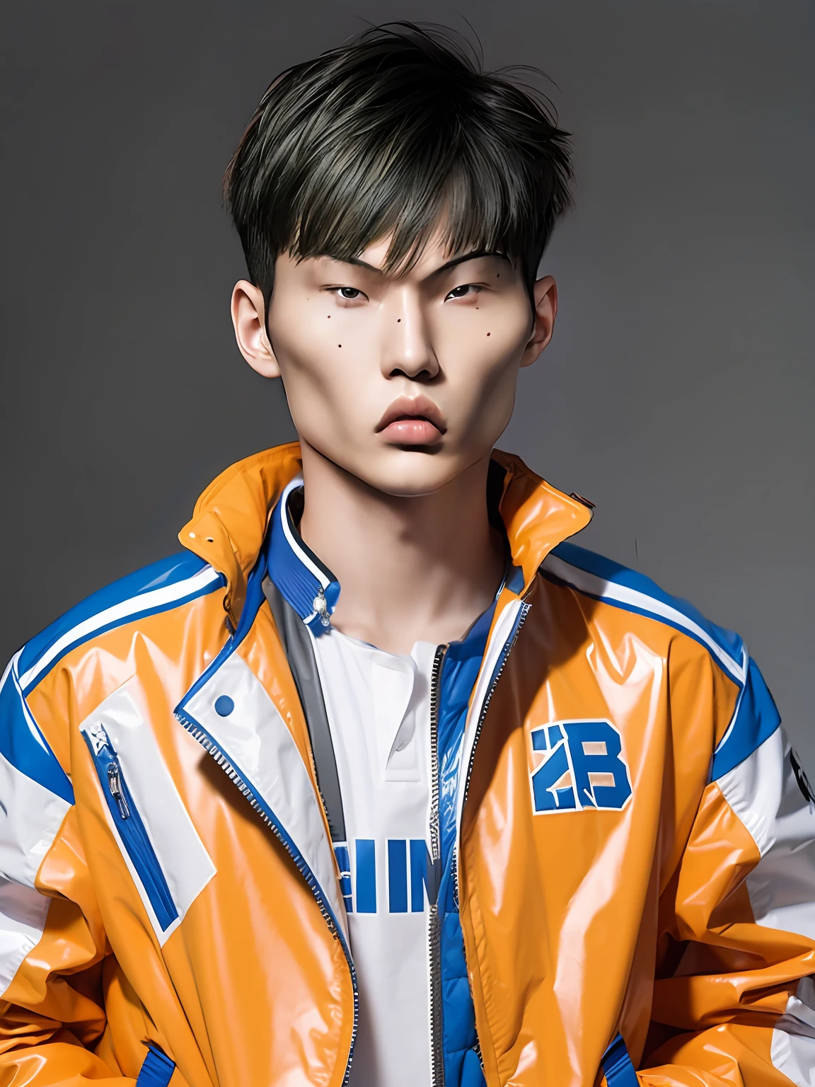 A male high school student,Wear a PVC jacket,Crein blue and Hermes orange,light grey background