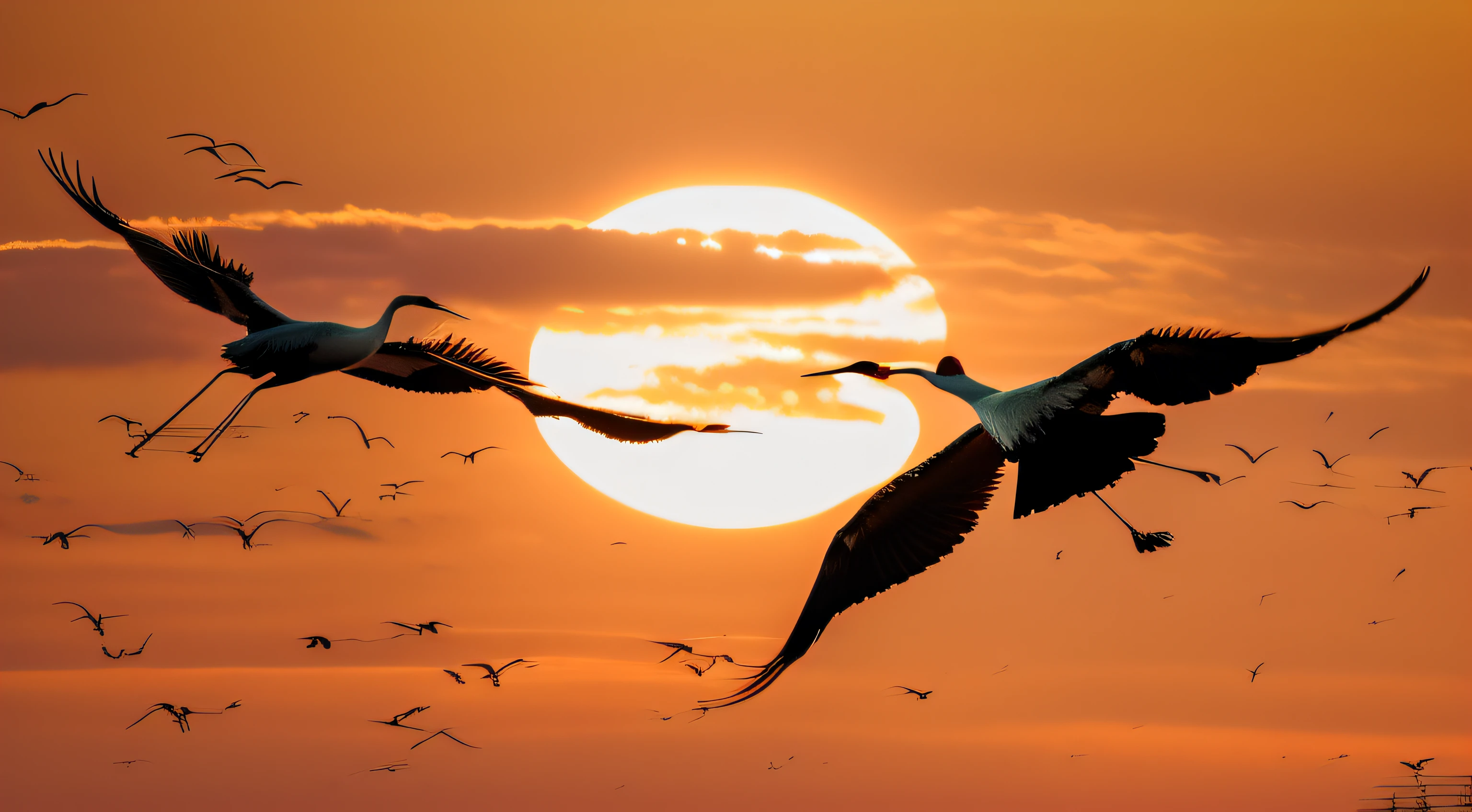 There are two birds flying in the sky,The background is the sun, two cranes flying across the sun, The crane, birds flying in the sunlight, flying through sunset, At sunset, At sunrise, birds on sky, birds flying, birds in the sunlight, in a golden sunset sky, Sun sunset, Crane, Birds flying away from the explosion, Pterosaur flying