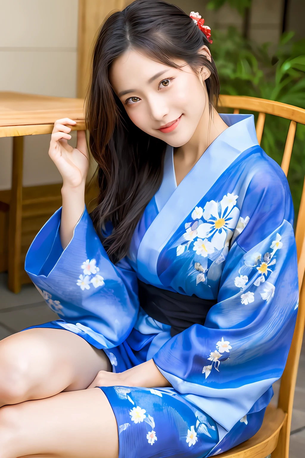 ((masterpiece、top-quality、ultra-definition、hight resolution))、独奏、a beauty girl、radiant eyes、perfect eyes、Beautiful girl with Japan、18year old、natta、Yukata with red floral pattern、high-level image quality、4K、clean legs、sit a chair、