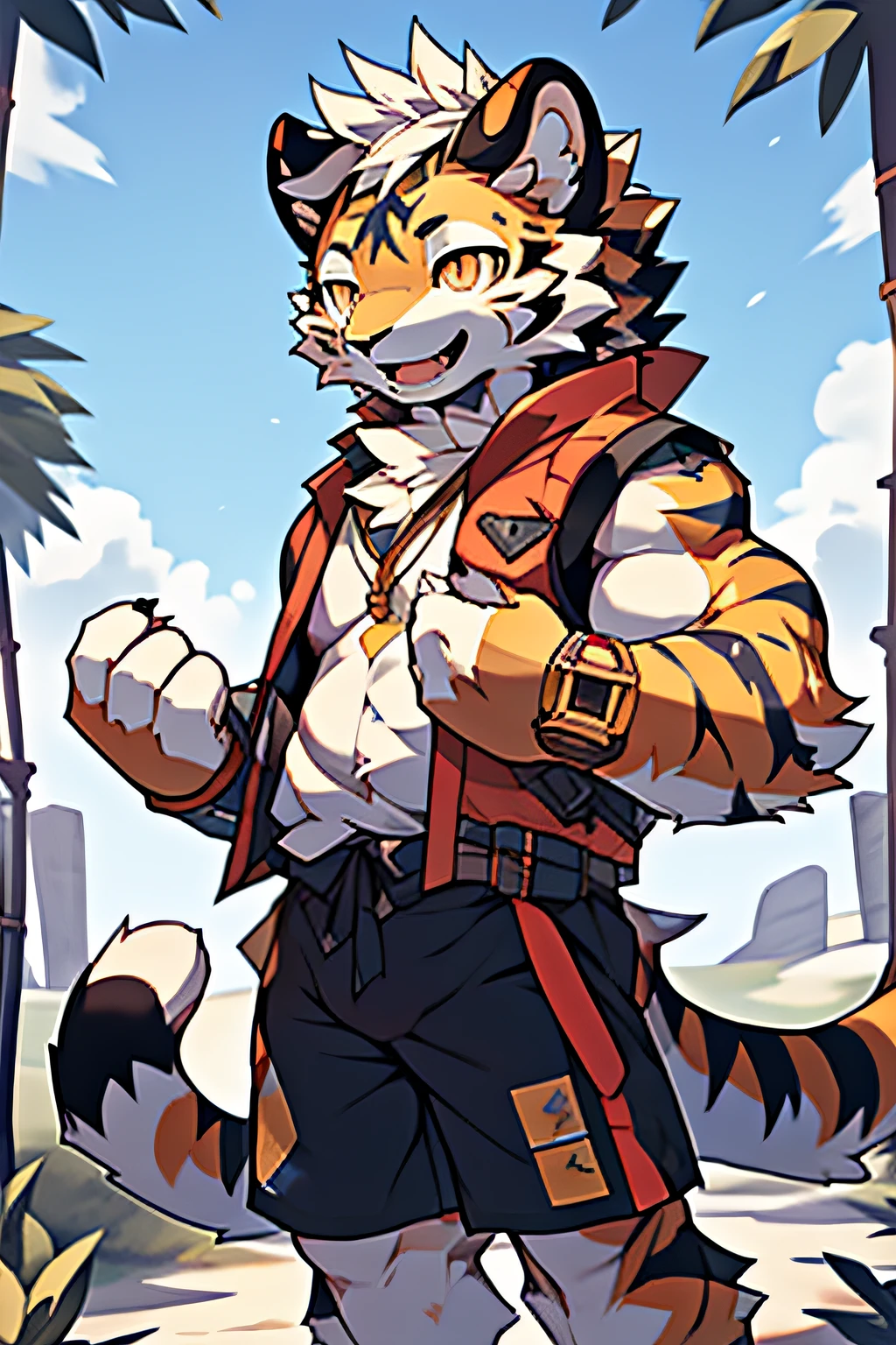 Little Shota with a warm glow,Anthropomorphism of the Nian Beast,A beautiful day in the sky,Dressed in shorts and a furry vest,Transformed into a human tiger of Bai Ye,The hair was dyed bright yellow,The eyes reflect black and yellow pupils,Abdominal muscle firmness is visible,The mouth is open, and the laughter is full of joy,Detailed face rendering gives CG realistic visuals,A photographic way to shoot,Holding the drum tightly in his hand,Convey pleasure and joy to every viewer。A furry artistic journey unfolds before your eyes。