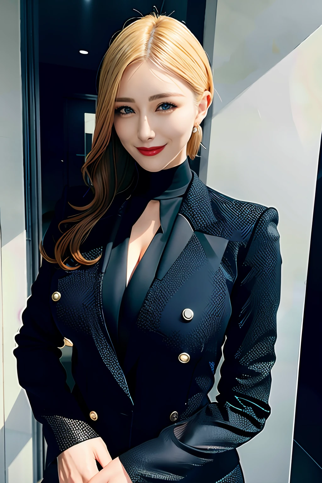 Woman in black suit with closed chest、Blonde、huge-breasted、thin-waist、Big ass、Happy smile、a park、Emphasis on the chest
