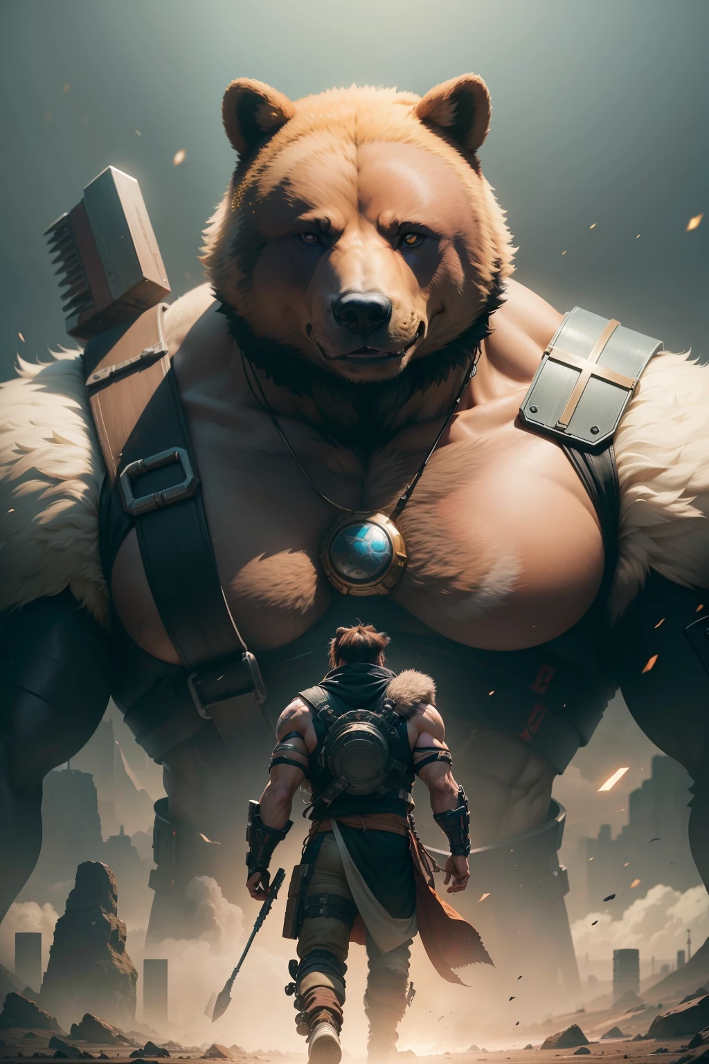 Visualize a cyberpunk scene set in the year 2500 on a desolate Earth. The central figure is Kintaro, a muscular, large Japanese man with a lively expression. He's armed with a massive energy axe, a tool used for chopping trees, and is dressed in a combat suit. A bear fur hat sits on his head, and a bear-shaped pendant, which serves as a power booster, hangs around his neck. Accompanying him is his pet, a gigantic bear. The color palette is dominated by gold and brown. The image should be hyper-realistic, highly detailed, and high-resolution 16k. The lighting should be neon and futuristic, casting an eerie glow on Kintaro, his pet bear, and the desolate landscape. Use a wide-angle lens to capture the vastness of the environment and a shallow depth of field to focus on Kintaro and his bear. --ar 16:9 --v 5.1 --style raw --q 2 --s 750