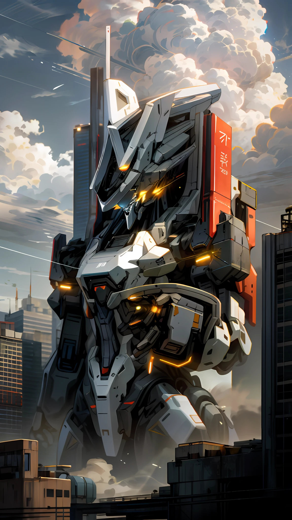 sky, cloud, holding_weapon, no_humans, glowing, , robot, building, glowing_eyes, mecha, science_fiction, city, realistic,mecha