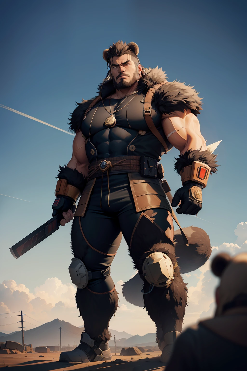 Visualize a cyberpunk scene set in the year 2500 on a desolate Earth. The central figure is Kintaro, a muscular, large Japanese man with a lively expression. He's armed with a massive energy axe, a tool used for chopping trees, and is dressed in a combat suit. A bear fur hat sits on his head, and a bear-shaped pendant, which serves as a power booster, hangs around his neck. Accompanying him is his pet, a gigantic bear. The color palette is dominated by gold and brown. The image should be hyper-realistic, highly detailed, and high-resolution 16k. The lighting should be neon and futuristic, casting an eerie glow on Kintaro, his pet bear, and the desolate landscape. Use a wide-angle lens to capture the vastness of the environment and a shallow depth of field to focus on Kintaro and his bear. --ar 16:9 --v 5.1 --style raw --q 2 --s 750