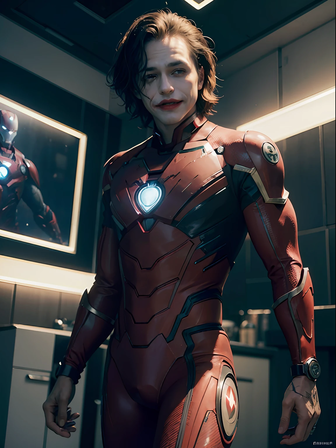 joker in ironman suit,unity 8k wallpaper, ultra detailed, aesthetic, masterpiece, best quality, photorealistic, colourful theme crazy smile, waist up