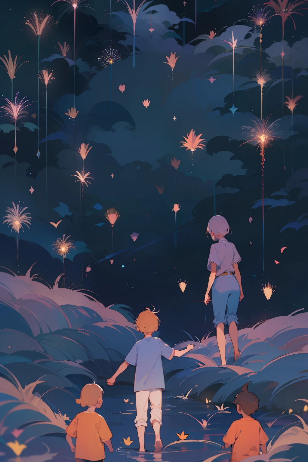 super fine illustration, best quality, In the clear night sky, a myriad of fireworks dance gracefully, and beneath them, children holding hands gaze up in wonder. The scene is filled with a fantastical and nostalgic atmosphere, reminiscent of past summer memories.