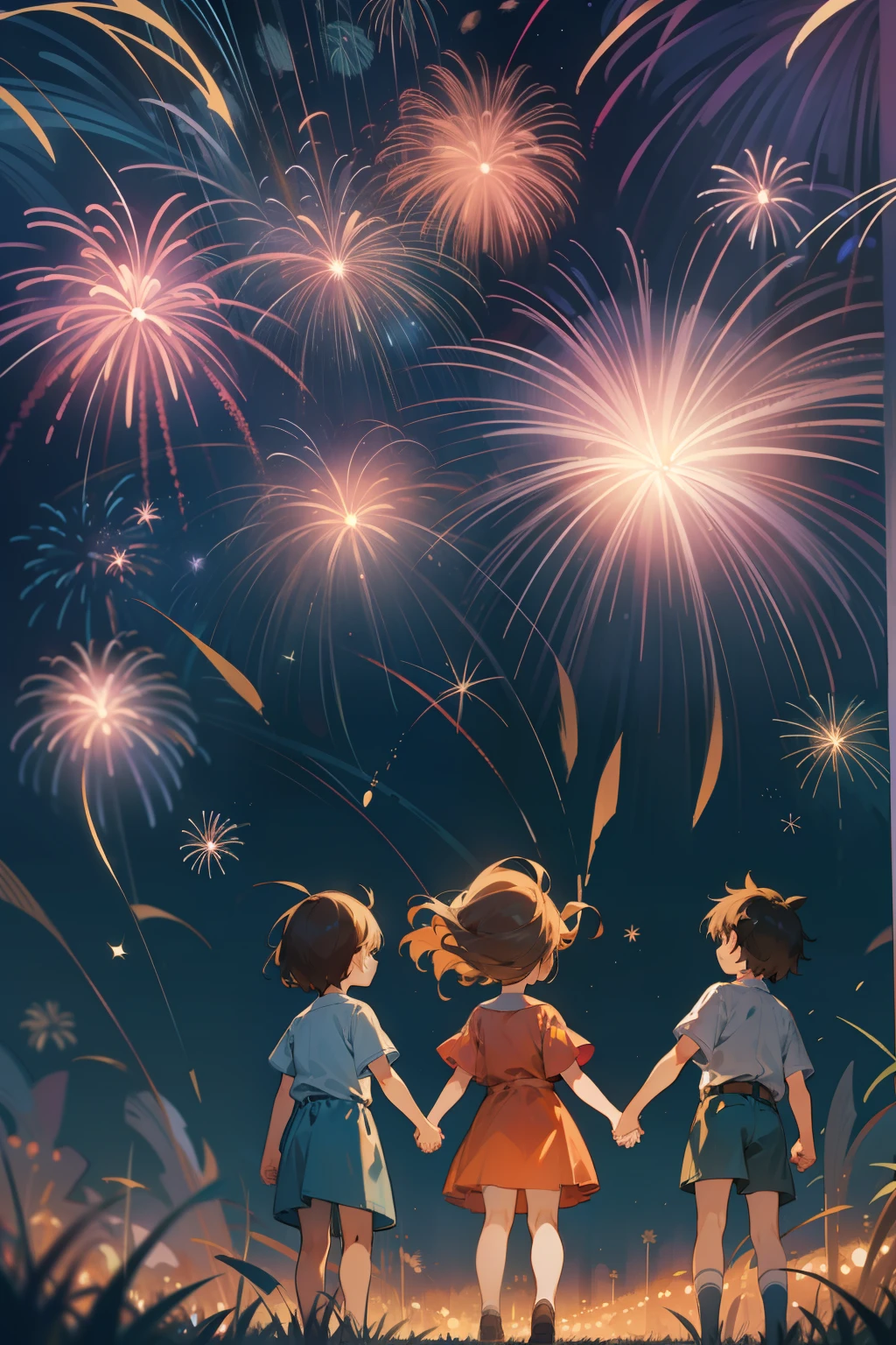 super fine illustration, best quality, In the clear night sky, a myriad of fireworks dance gracefully, and beneath them, children holding hands gaze up in wonder. The scene is filled with a fantastical and nostalgic atmosphere, reminiscent of past summer memories.
