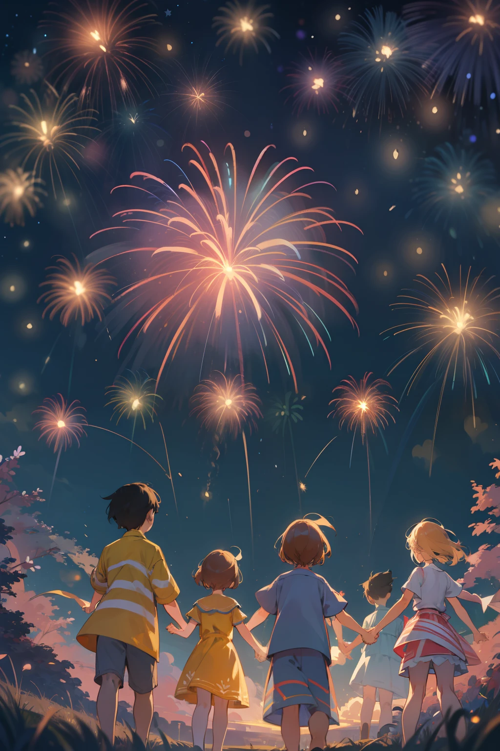 super fine illustration, best quality, In the clear night sky, a myriad of fireworks dance gracefully, and beneath them, children holding hands gaze up in wonder. The scene is filled with a fantastical and nostalgic atmosphere, reminiscent of past summer memories.