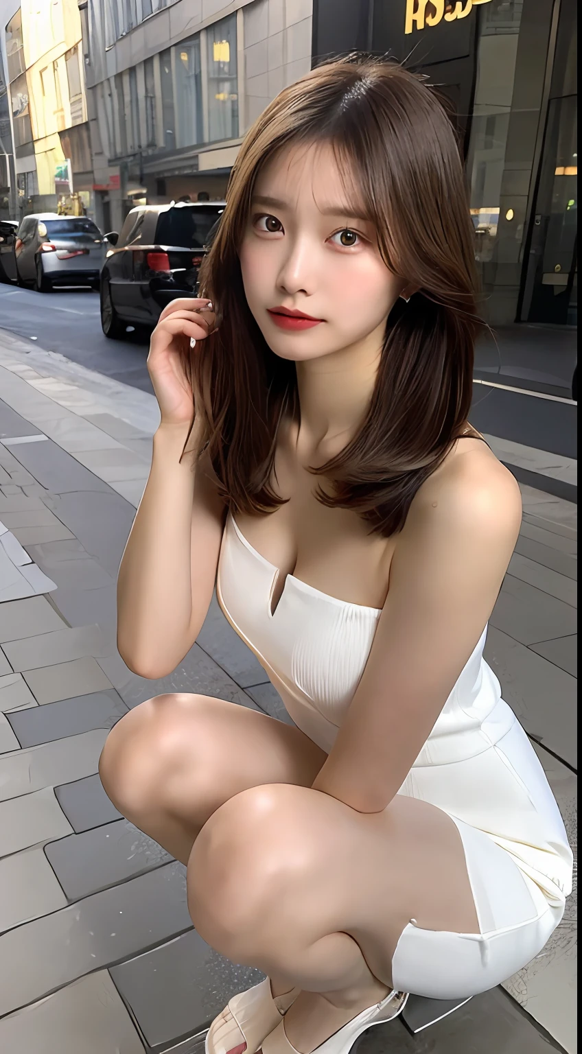 ((best quality, 8k, masterpiece: 1.3)), sharp: 1.2, perfect body beauty: 1.4, slender abs: 1.2, ((layered hairstyle, big breasts: 1.2)), (bandeau dress white: 1.1 ), city streets: 1.2, highly detailed facial and skin textures, detailed eyes, double eyelids, long brown hair, thin dress, hands behind, squatting, slightly revealing panties, revealing cleavage.