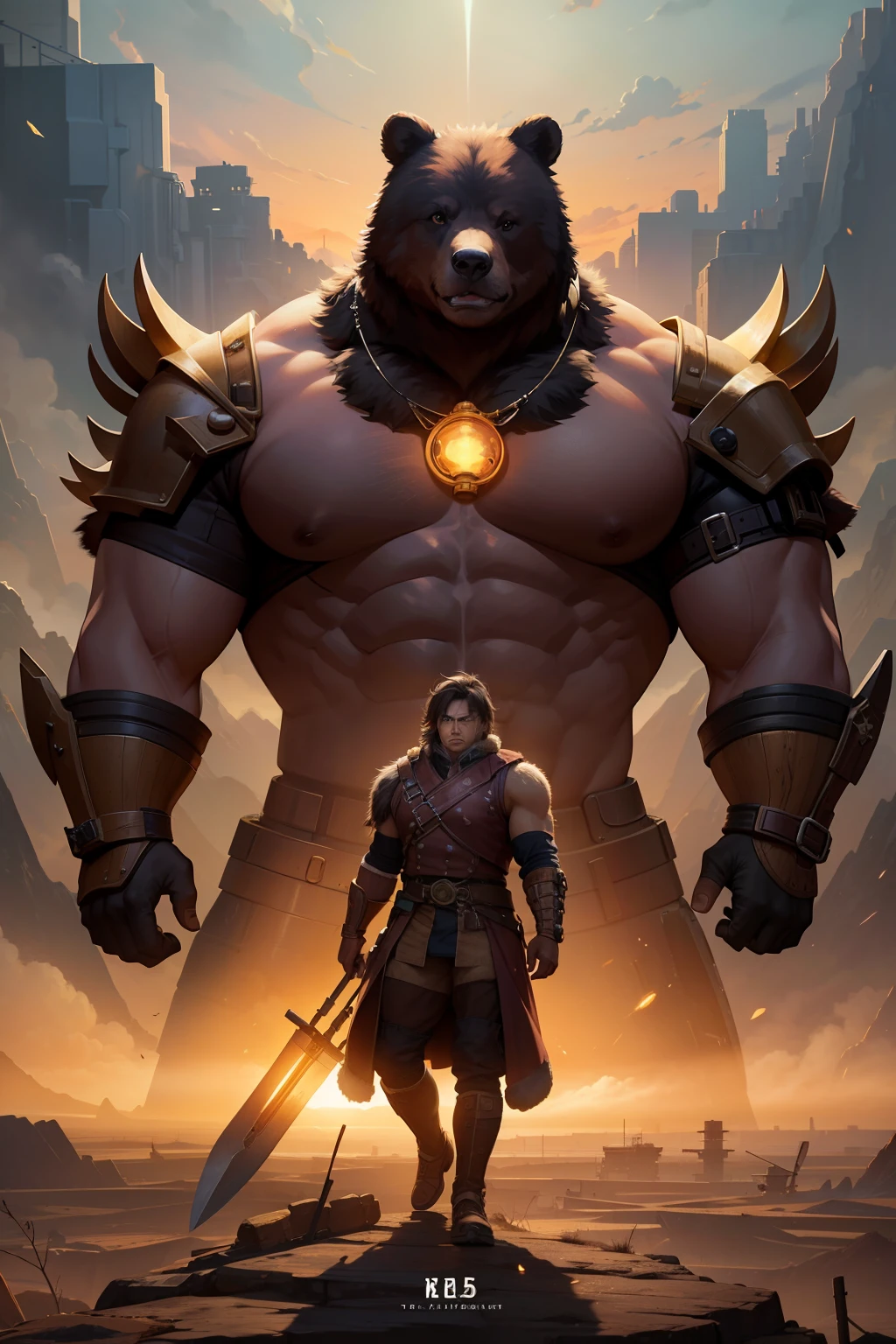 Visualize a steampunk scene set in the year 2500 on a desolate Earth. The central figure is Kintaro, a muscular, large Japanese man with a lively expression. He's armed with a massive energy axe, a tool used for chopping trees, and is dressed in a combat suit. A bear fur hat sits on his head, and a bear-shaped pendant, which serves as a power booster, hangs around his neck. Accompanying him is his pet, a gigantic bear. The color palette is dominated by gold and brown. The image should be hyper-realistic, highly detailed, and high-resolution 16k. The lighting should be warm and atmospheric, casting an antique glow on Kintaro and the desolate landscape. Use a wide-angle lens to capture the vastness of the environment and a shallow depth of field to focus on Kintaro. --ar 16:9 --v 5.1 --style raw --q 2 --s 750