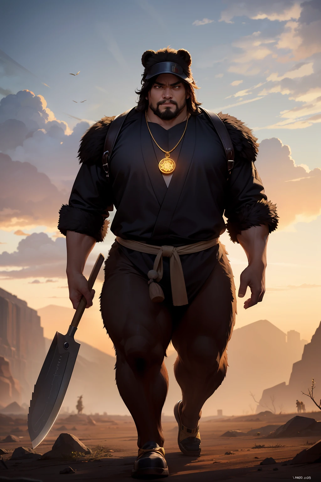 Visualize a steampunk scene set in the year 2500 on a desolate Earth. The central figure is Kintaro, a muscular, large Japanese man with a lively expression. He's armed with a massive energy axe, a tool used for chopping trees, and is dressed in a combat suit. A bear fur hat sits on his head, and a bear-shaped pendant, which serves as a power booster, hangs around his neck. Accompanying him is his pet, a gigantic bear. The color palette is dominated by gold and brown. The image should be hyper-realistic, highly detailed, and high-resolution 16k. The lighting should be warm and atmospheric, casting an antique glow on Kintaro and the desolate landscape. Use a wide-angle lens to capture the vastness of the environment and a shallow depth of field to focus on Kintaro. --ar 16:9 --v 5.1 --style raw --q 2 --s 750