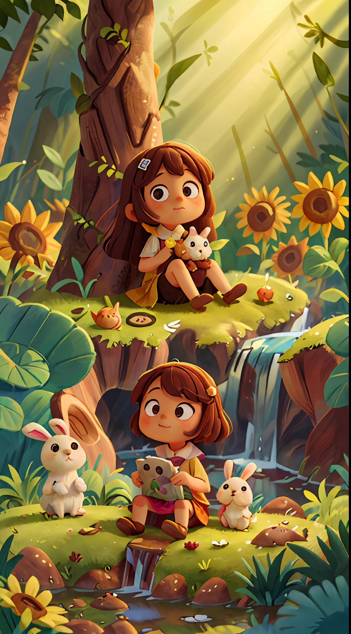 A very charming little hijab girl and her rabbit, sitting in the wood, at jungle, waterfall, sunflower, at the sunny day, The illustration is a high-definition illustration in 4K resolution with highly detailed facial features and cartoon-style visuals.