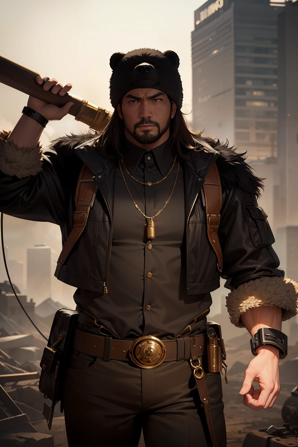 Picture a dystopian future in the year 2500, with a steampunk aesthetic. In the center of the frame is Kintaro, a burly Japanese man with a vibrant expression. He's equipped with a massive energy axe and is wearing a combat suit. His head is covered with a bear fur hat, and a bear-shaped pendant around his neck serves as a power booster. His companion is a massive bear, adding a unique element to the scene. The color scheme is a mix of gold and brown. The image should be rendered in a hyper-realistic style, with a high level of detail and a resolution of 16k. The lighting should be low and moody, with warm lights casting long shadows and creating a sense of drama. Use a telephoto lens to emphasize Kintaro and his bear against the backdrop of the desolate landscape. --ar 16:9 --v 5.1 --style raw --q 2 --s 750