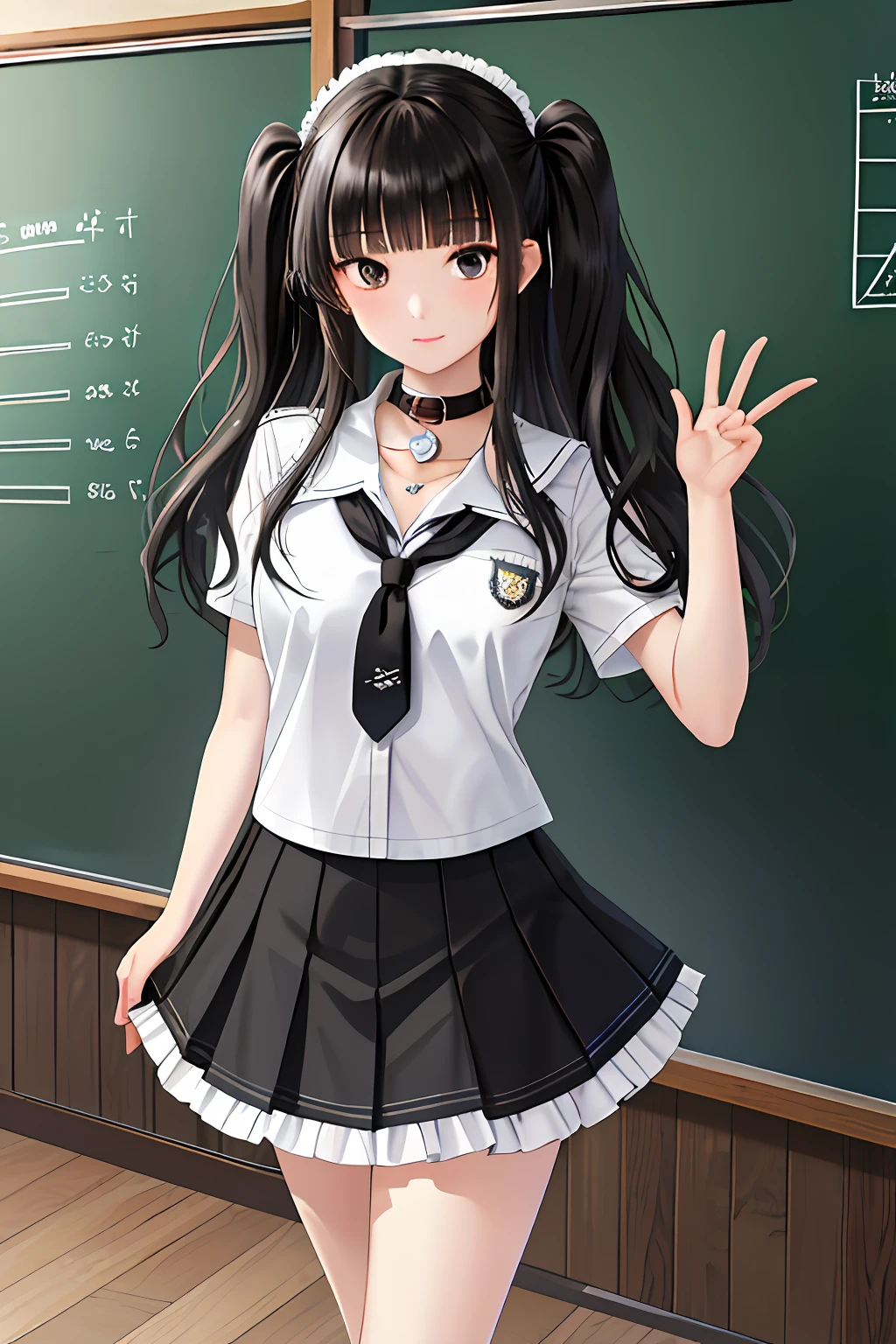 Masterpieces,Best quality,1girll,Long hair,Black hair,Blunt bangs,side locks,school uniform,Collar,Short frilled skirt,Cowboy shot:p,Tsundere,(tareme:1.2),hair adornments,shoes,Classroom, blackboards,