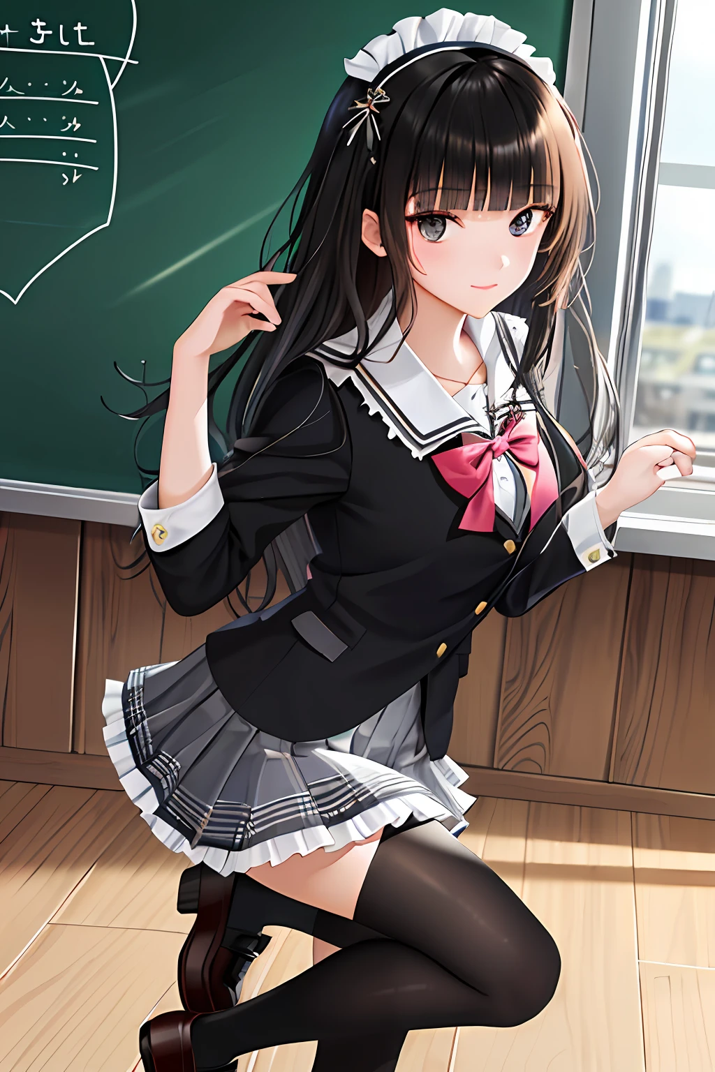 Masterpieces,Best quality,1girll,Long hair,Black hair,Blunt bangs,side locks,school uniform,Collar,Short frilled skirt,Cowboy shot:p,Tsundere,(tareme:1.2),hair adornments,shoes,Classroom, blackboards,