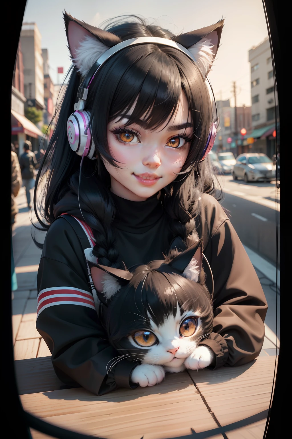 black hair, hair bobbles, longeyelashes, solid circle eyes, fake animal ears, light smile, ear blush, fang, headphones, raised eyebrows, cat ears, clenched teeth, Surrealism, drop shadow, anaglyph, stereogram, tachi-e, pov, atmospheric perspective, 8k, ccurate, highres, UHD, masterpiece