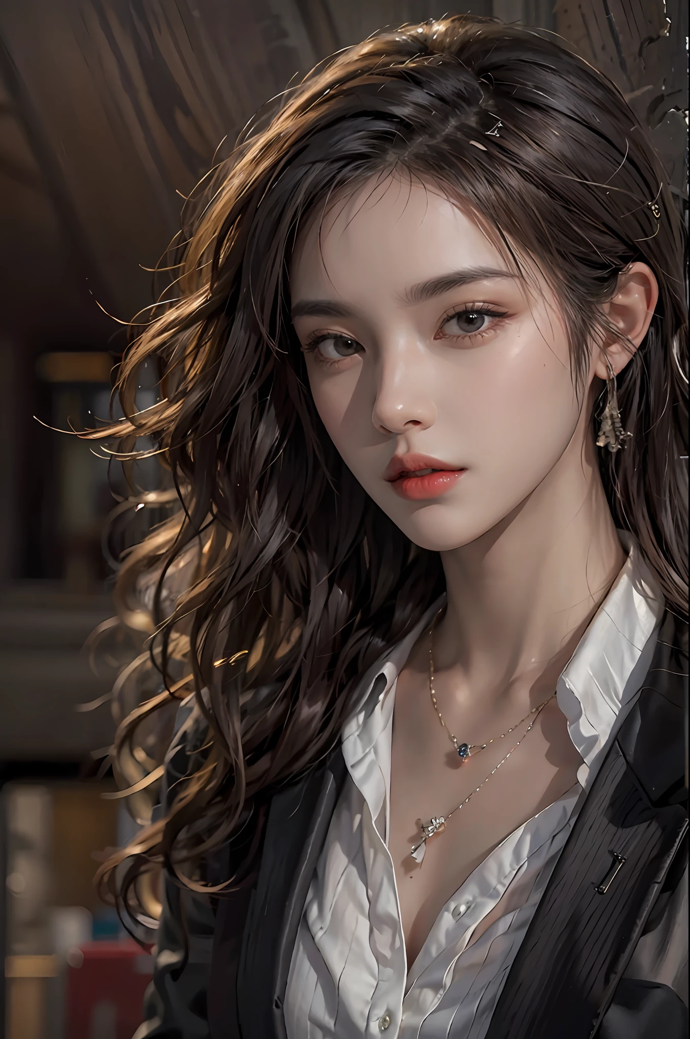 photorealistic, high resolution, 1women, solo, hips up, look at viewer, (detailed face), wavy hair, black suit, mafia, tattoo, jewelry